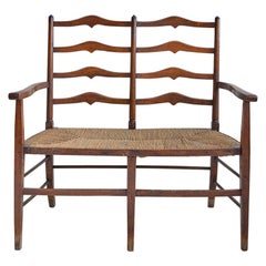 Antique Arts & Crafts Two-Seat Bench in Oak and Seagrass, England, 1860s