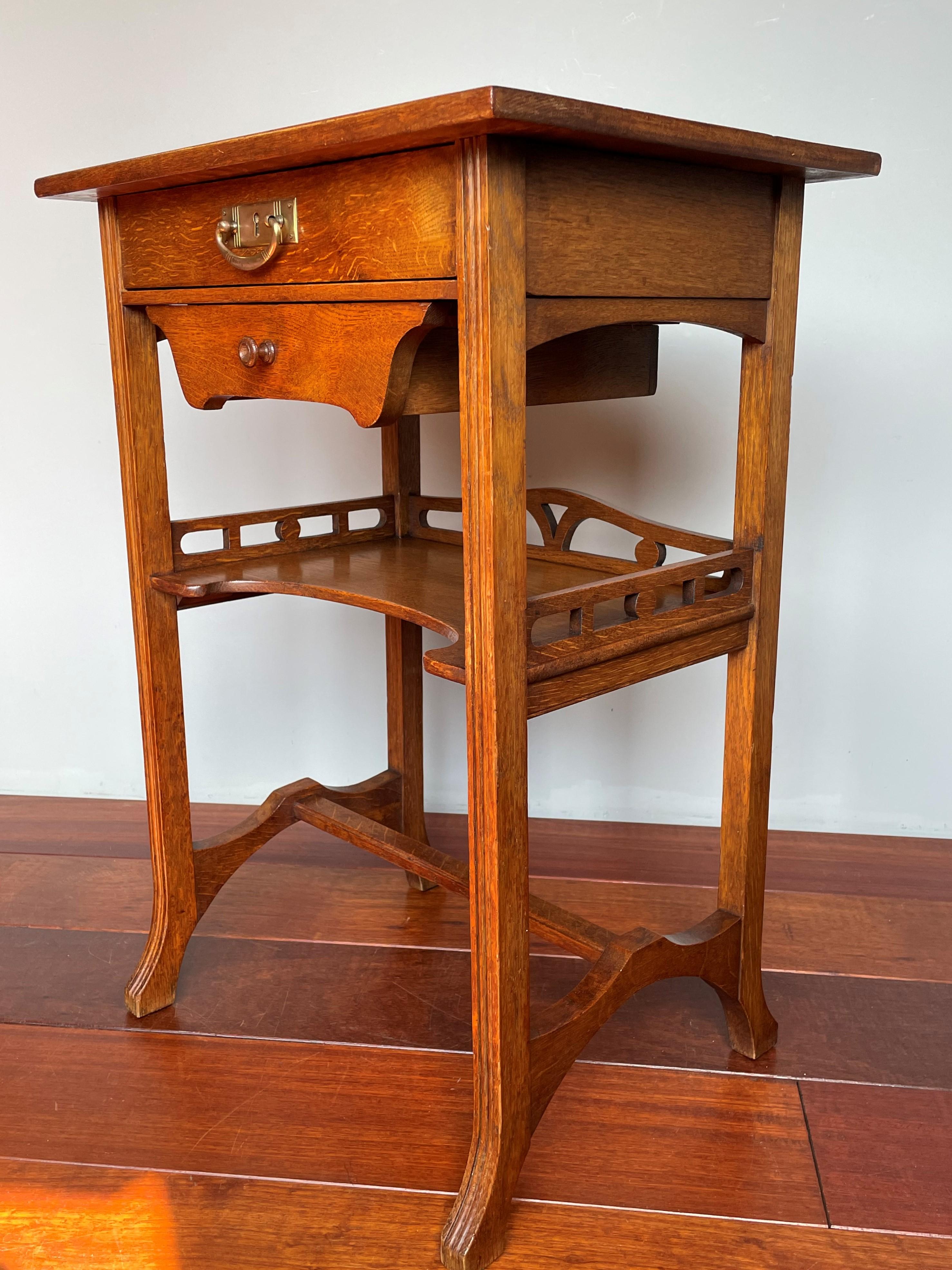 Antique Arts and Crafts Two Tier Work or Side Table with Drawer, Lock & Key 1910 1