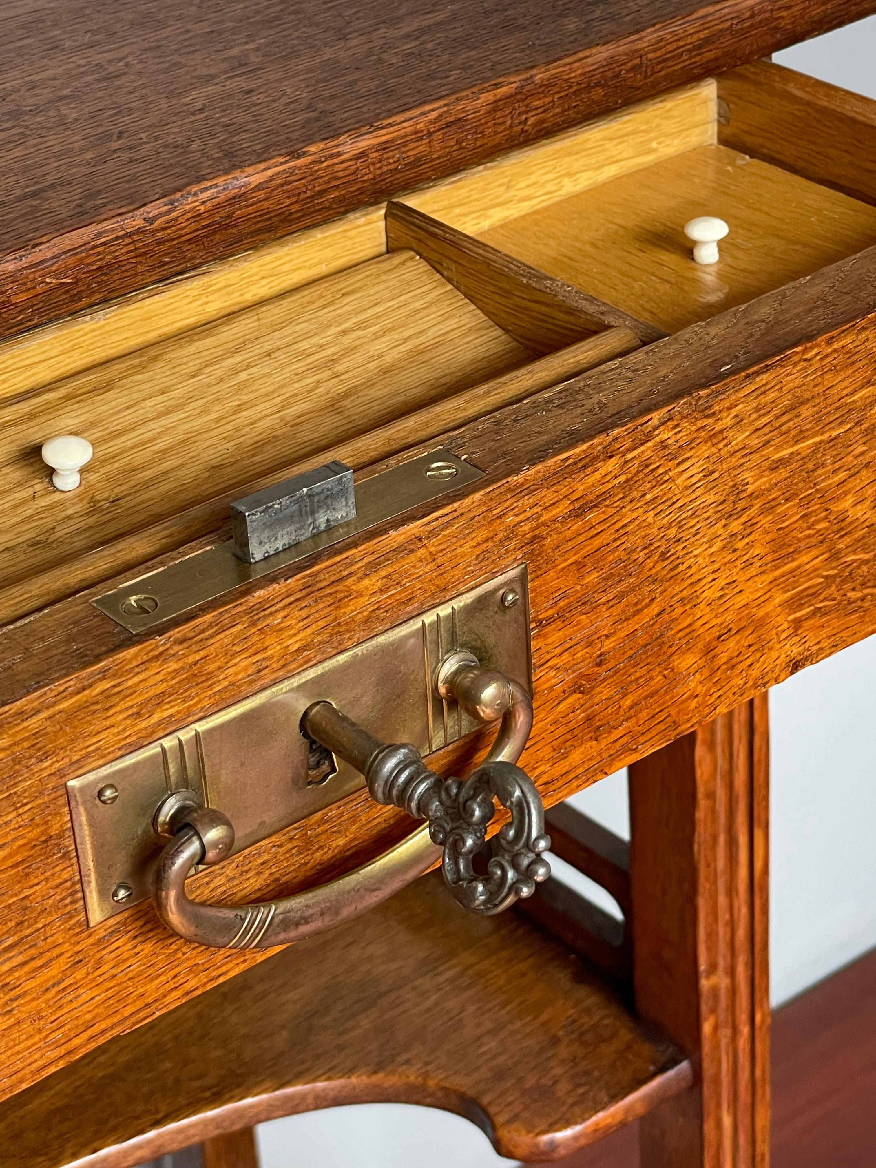 Hand-Carved Antique Arts and Crafts Two Tier Work or Side Table with Drawer, Lock & Key 1910