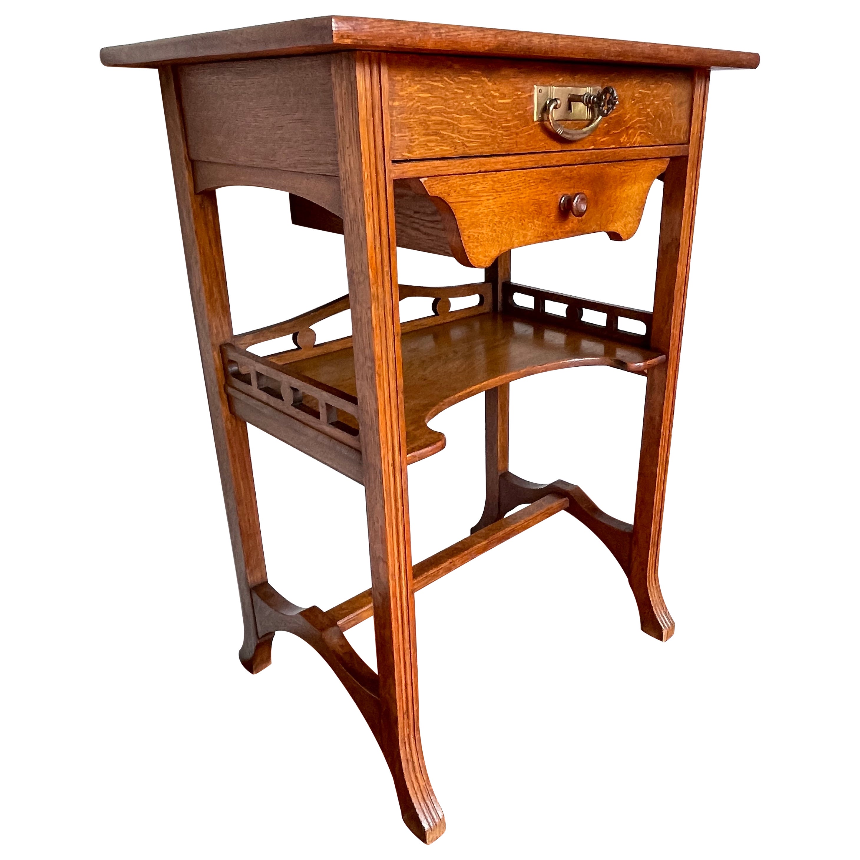 Antique Arts and Crafts Two Tier Work or Side Table with Drawer, Lock & Key 1910