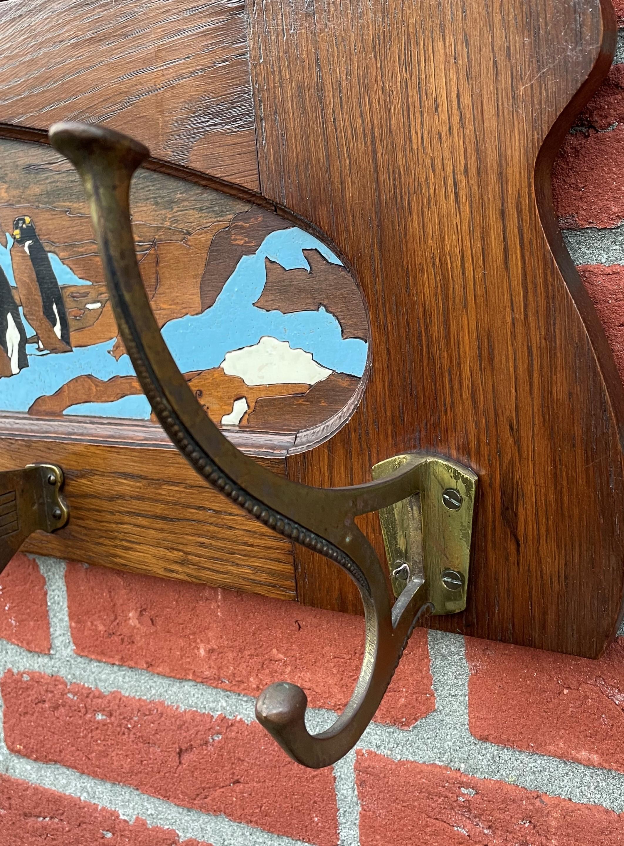 Antique Arts & Crafts Wall Coat Rack With A Hand Carved & Painted Penguin Colony For Sale 2