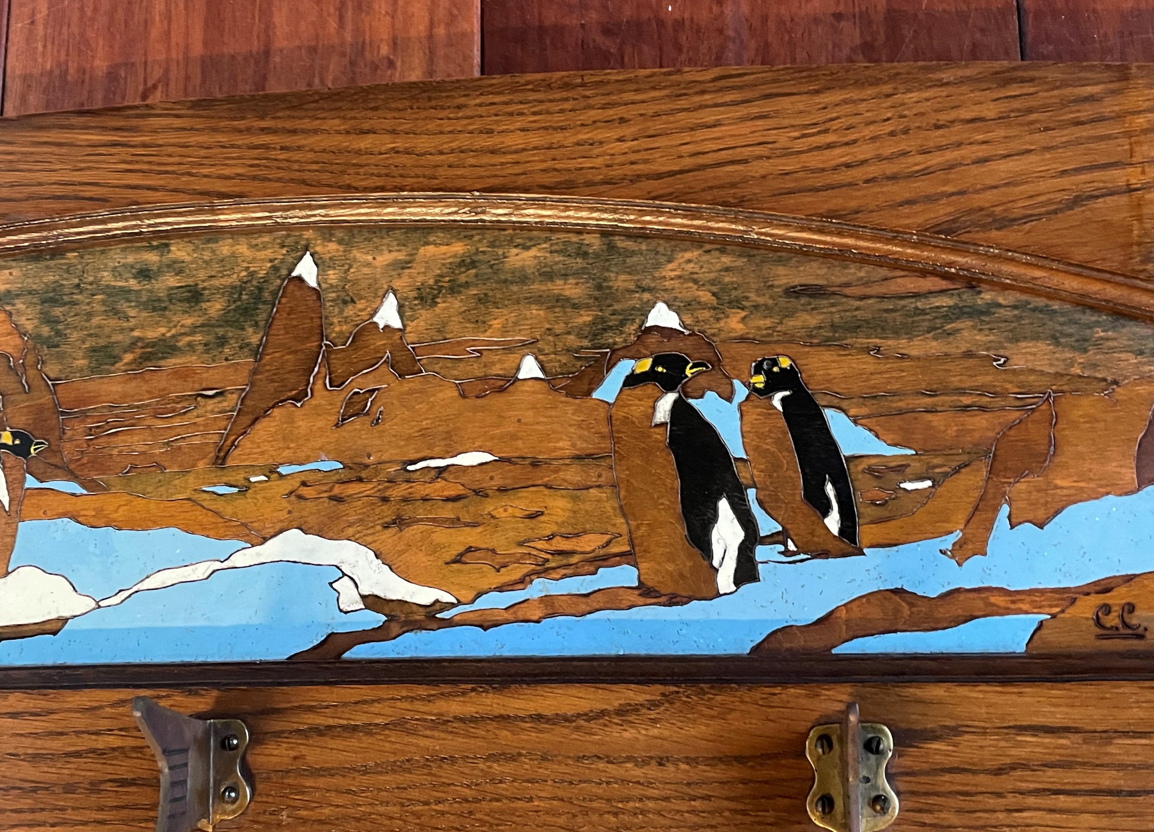 Antique Arts & Crafts Wall Coat Rack With A Hand Carved & Painted Penguin Colony For Sale 5
