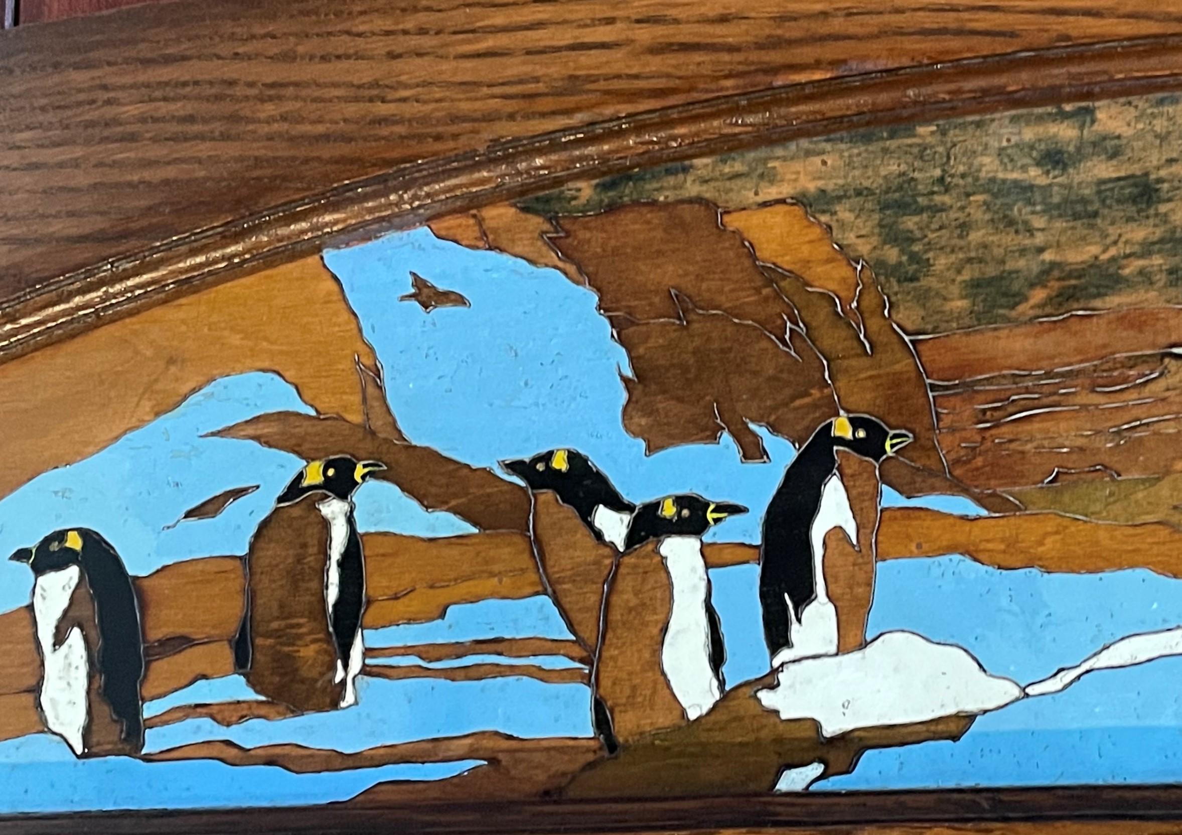 Antique Arts & Crafts Wall Coat Rack With A Hand Carved & Painted Penguin Colony For Sale 6