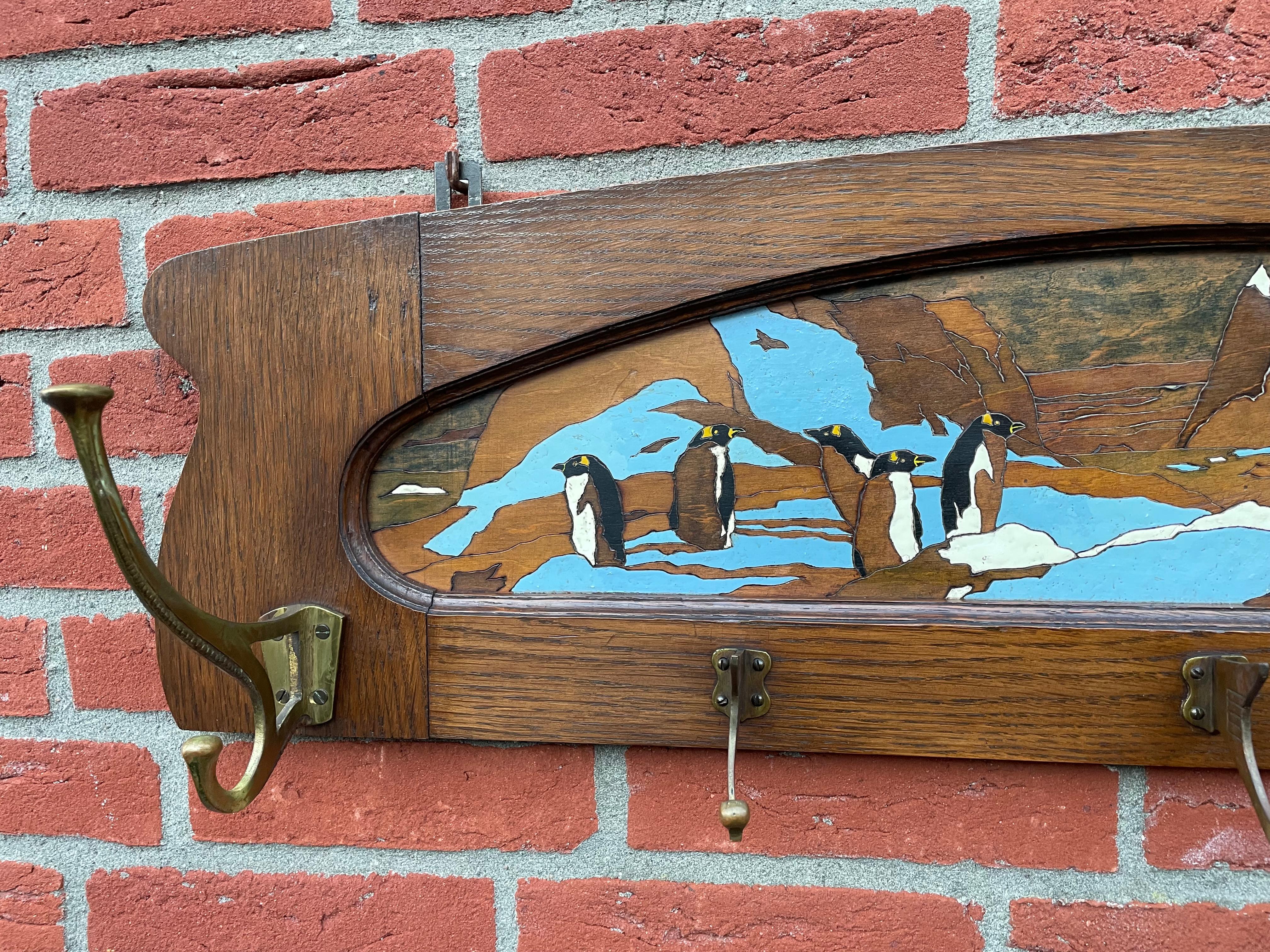 Arts and Crafts Antique Arts & Crafts Wall Coat Rack With A Hand Carved & Painted Penguin Colony For Sale
