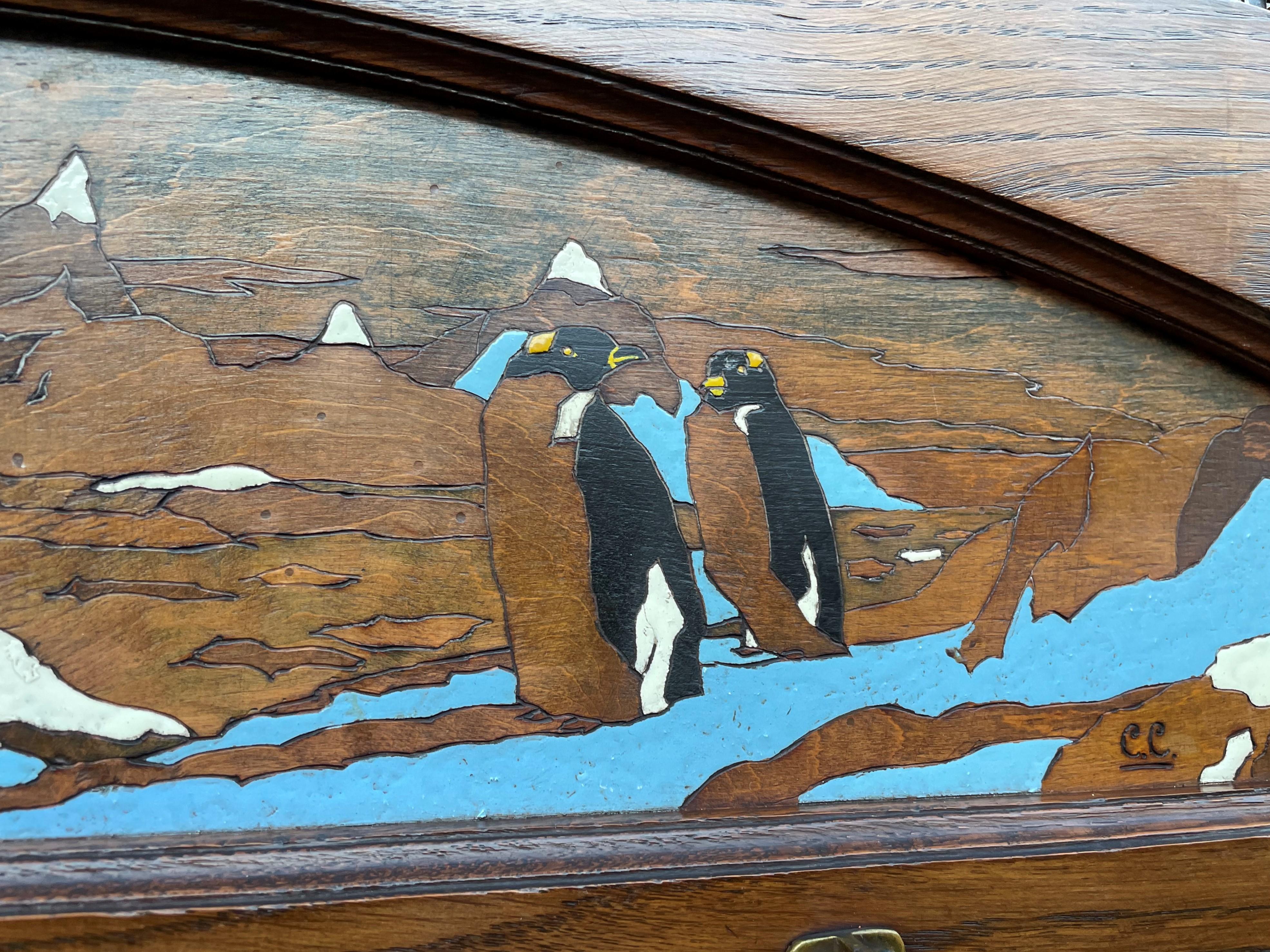 Cast Antique Arts & Crafts Wall Coat Rack With A Hand Carved & Painted Penguin Colony For Sale
