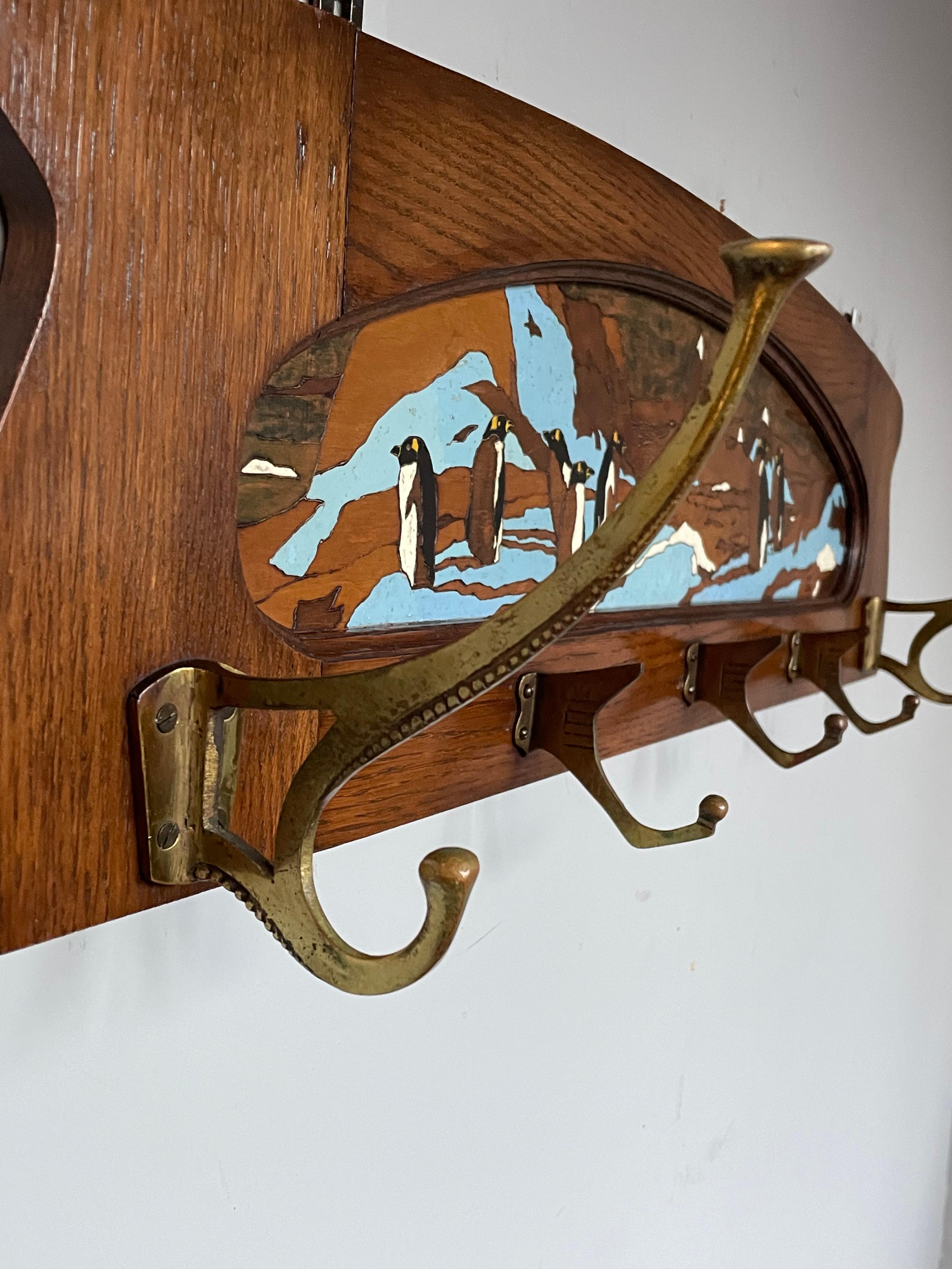 Brass Antique Arts & Crafts Wall Coat Rack With A Hand Carved & Painted Penguin Colony For Sale