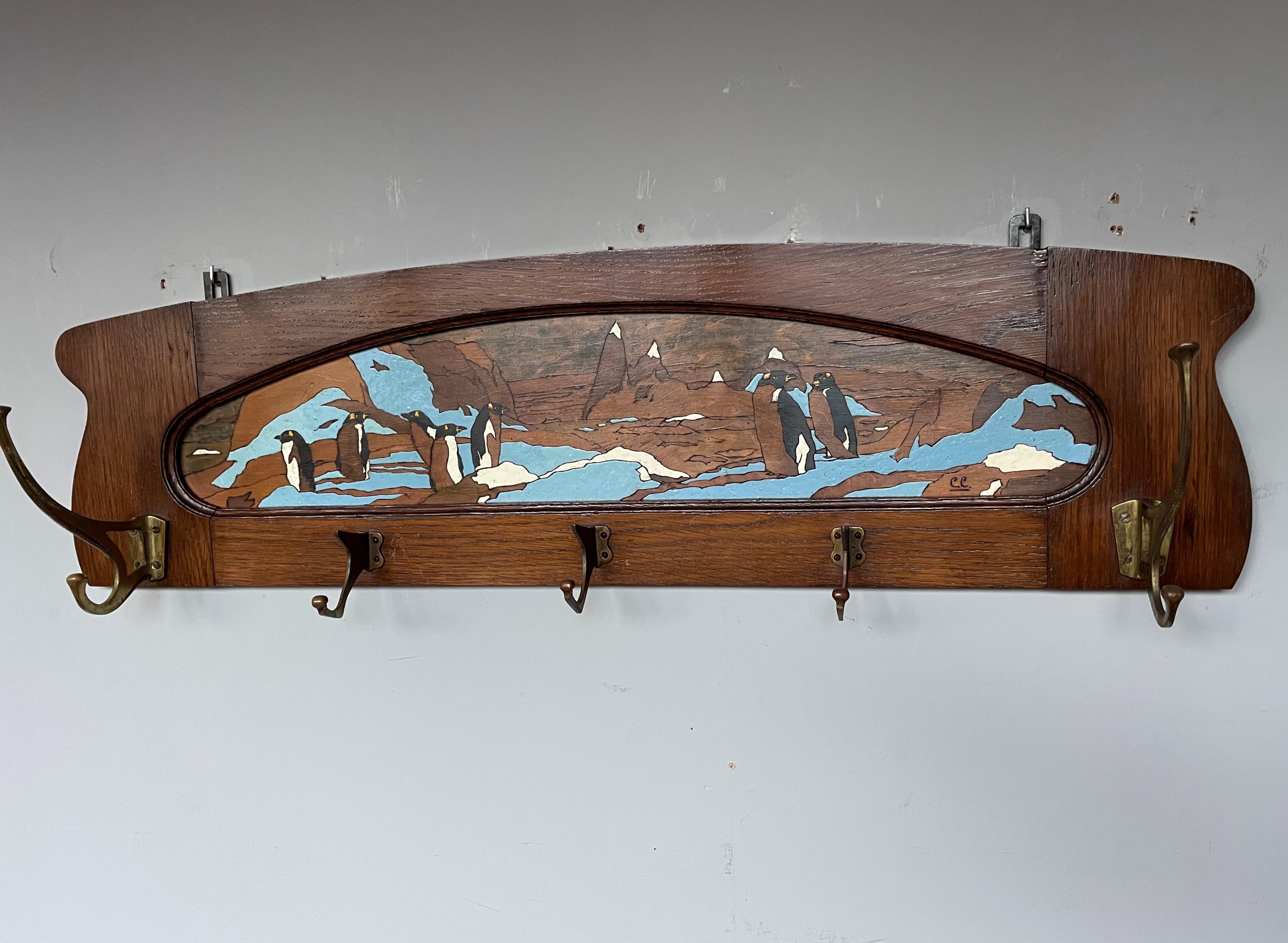 Antique Arts & Crafts Wall Coat Rack With A Hand Carved & Painted Penguin Colony For Sale 1