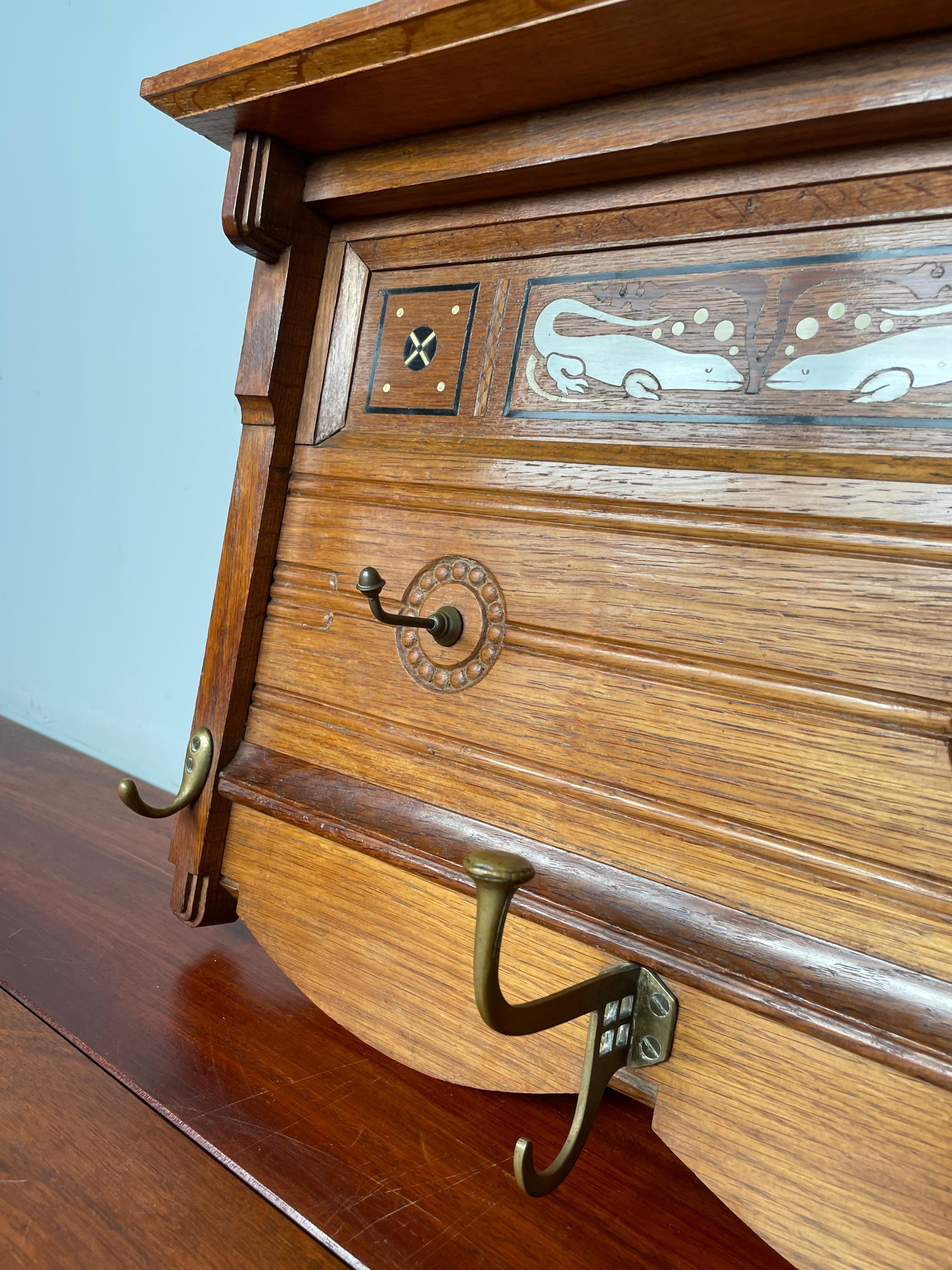 Hand-Carved Antique Arts & Crafts Wall Coat Rack w. Inlaid Komodo Dragon & Ancient Fish For Sale