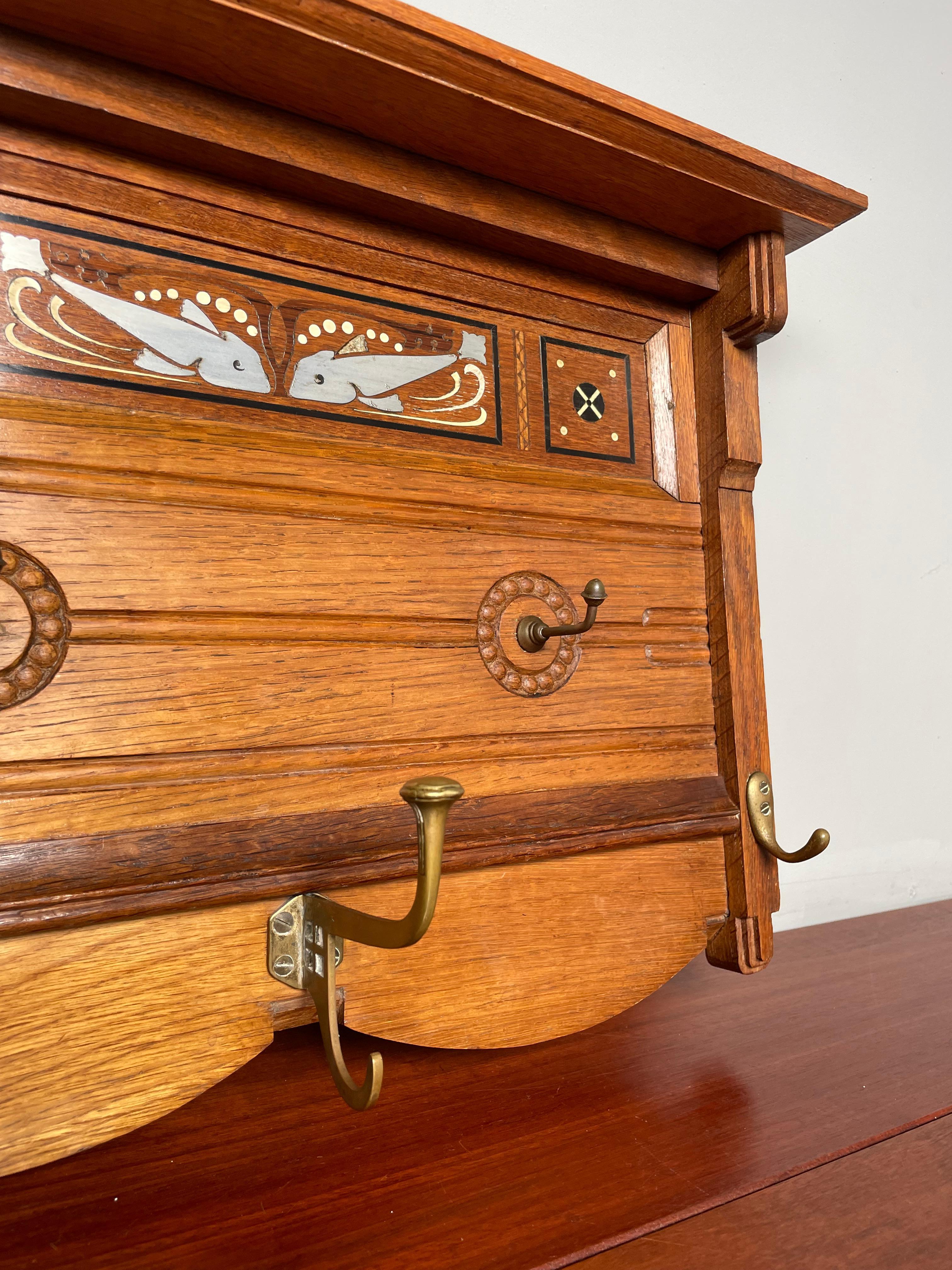 Antique Arts & Crafts Wall Coat Rack w. Inlaid Komodo Dragon & Ancient Fish For Sale 1