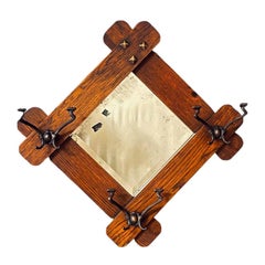 Antique Arts & Craft Mission Oak Coat Hanger Wall Mirror