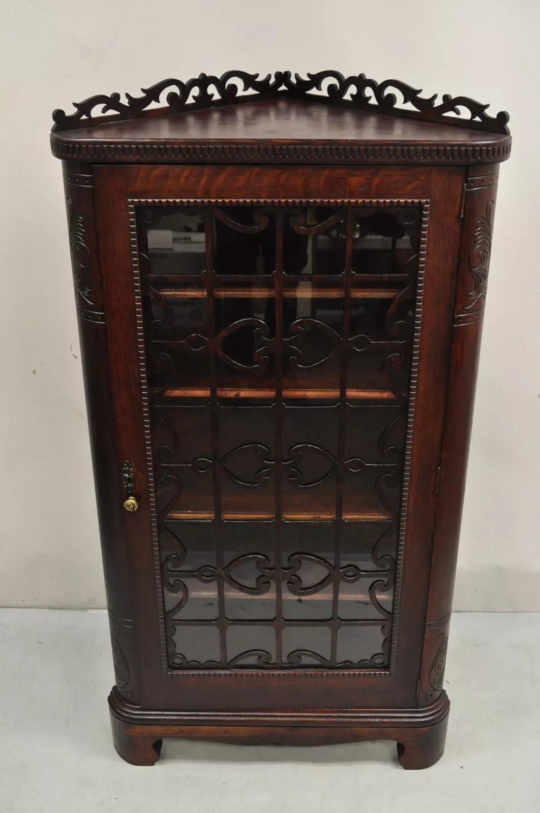 Antique Arts & Craft Oak Wood Glass One Door Fretwork Corner China Cabinet Curio For Sale 6