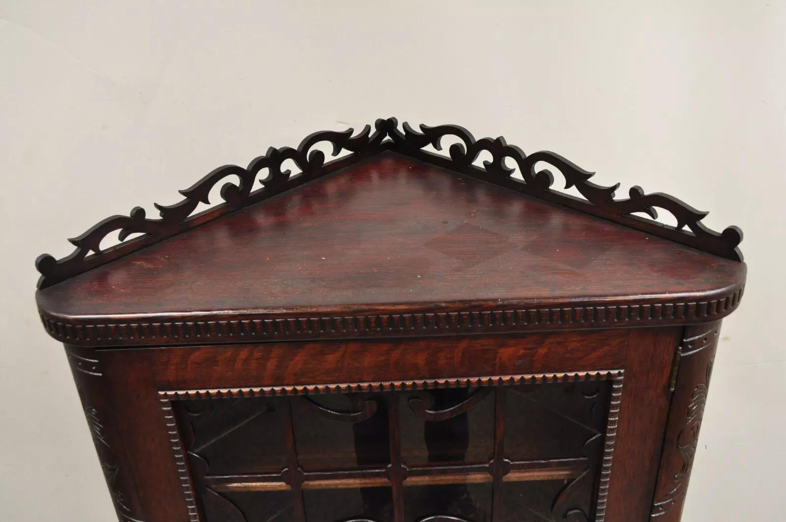 Arts and Crafts Antique Arts & Craft Oak Wood Glass One Door Fretwork Corner China Cabinet Curio For Sale