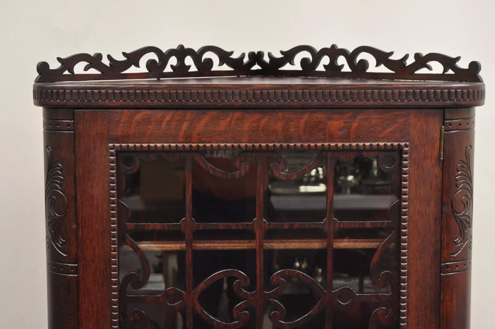 Unknown Antique Arts & Craft Oak Wood Glass One Door Fretwork Corner China Cabinet Curio For Sale