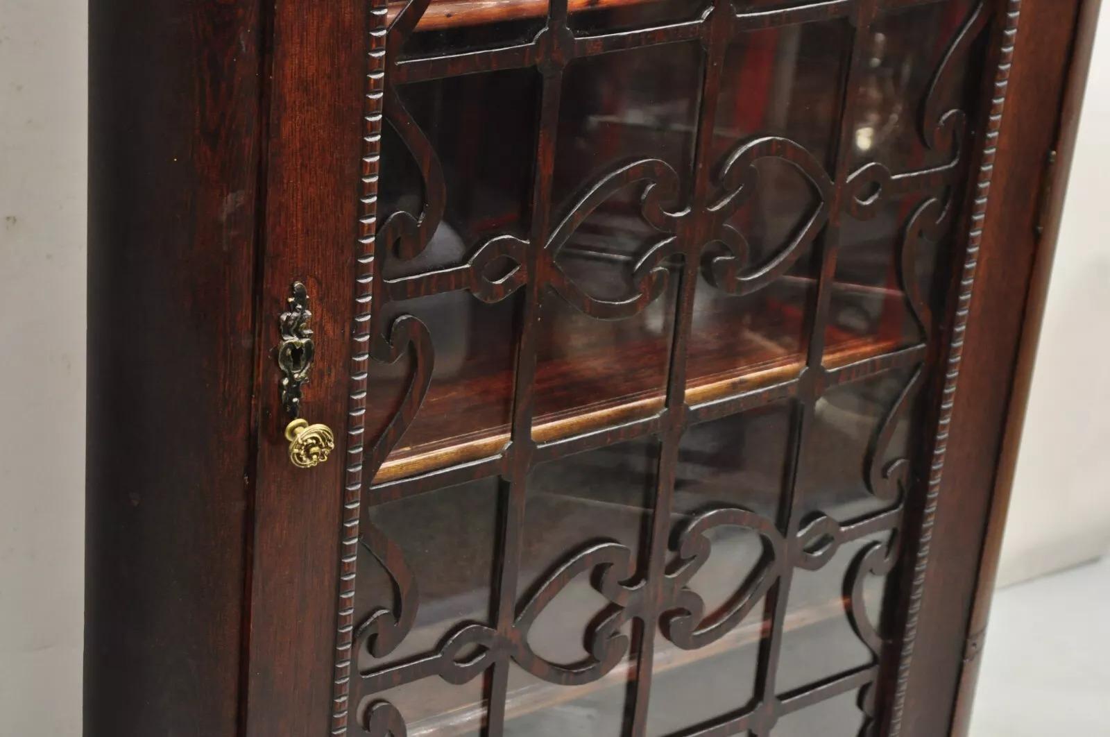 19th Century Antique Arts & Craft Oak Wood Glass One Door Fretwork Corner China Cabinet Curio For Sale