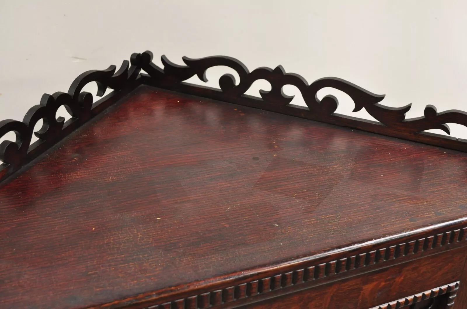 Antique Arts & Craft Oak Wood Glass One Door Fretwork Corner China Cabinet Curio For Sale 1
