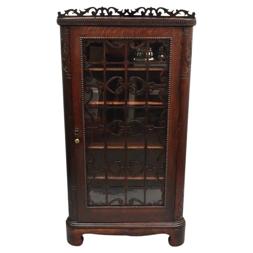 Antique Arts & Craft Oak Wood Glass One Door Fretwork Corner China Cabinet Curio For Sale