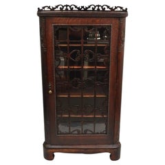 Antique Arts & Craft Oak Wood Glass One Door Fretwork Corner China Cabinet Curio