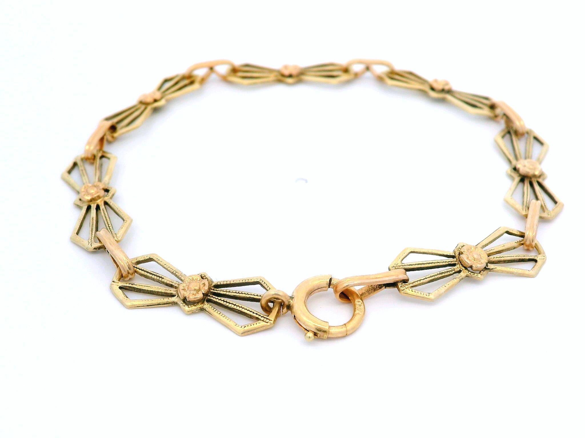 Arts and Crafts Antique Arts & Crafts 10k Green and Rose Gold Bow Geometric Open Work Bracelet
