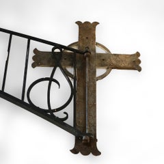 Antique Arts & Crafts 12’ Wrought Iron Church Boom & Hammered Cross Plate C1920