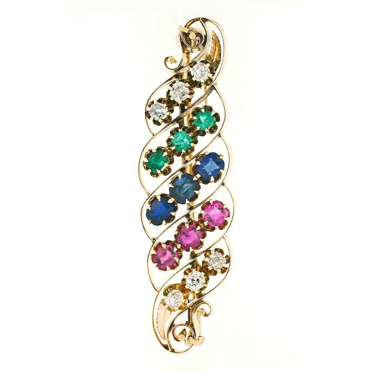 Arts and Crafts Antique Arts & Crafts 14k Gold GIA Sapphire Ruby & Emerald Swirl Leaf Brooch Pin For Sale