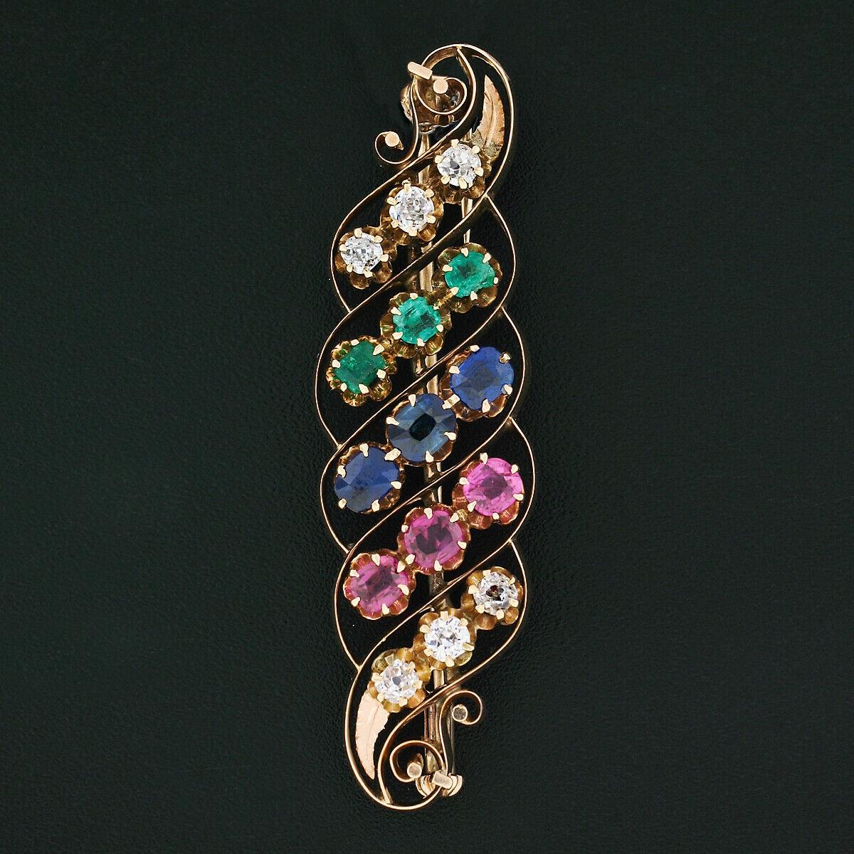 Old Mine Cut Antique Arts & Crafts 14k Gold GIA Sapphire Ruby & Emerald Swirl Leaf Brooch Pin For Sale
