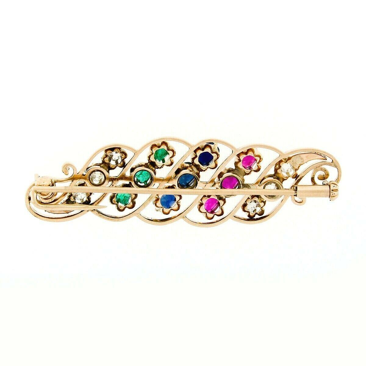 Antique Arts & Crafts 14k Gold GIA Sapphire Ruby & Emerald Swirl Leaf Brooch Pin In Good Condition For Sale In Montclair, NJ