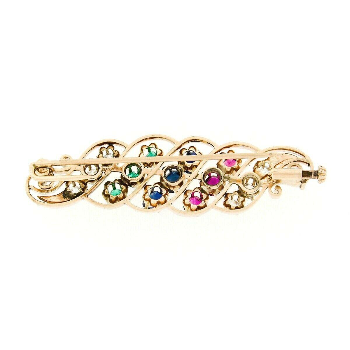 Women's or Men's Antique Arts & Crafts 14k Gold GIA Sapphire Ruby & Emerald Swirl Leaf Brooch Pin For Sale