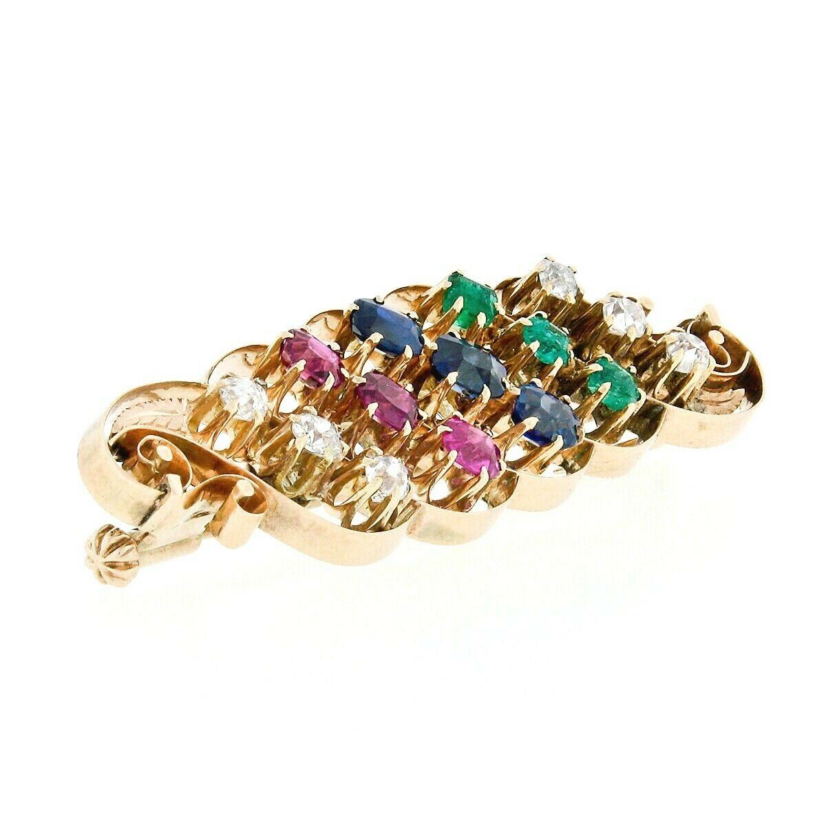 Antique Arts & Crafts 14k Gold GIA Sapphire Ruby & Emerald Swirl Leaf Brooch Pin For Sale 3