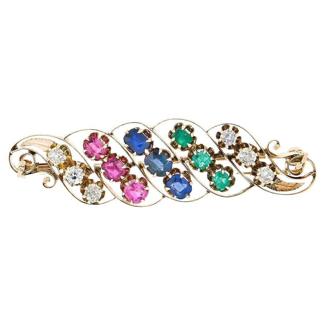 Antique Arts & Crafts 14k Gold GIA Sapphire Ruby & Emerald Swirl Leaf Brooch Pin For Sale