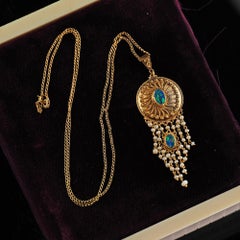 Antique Arts & Crafts 14K Yellow Gold Opal and Seed Pearl Drop Pendant Necklace
