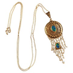 Antique Arts 
Crafts 14K Yellow Gold Opal and Seed Pearl Drop Pendant Necklace