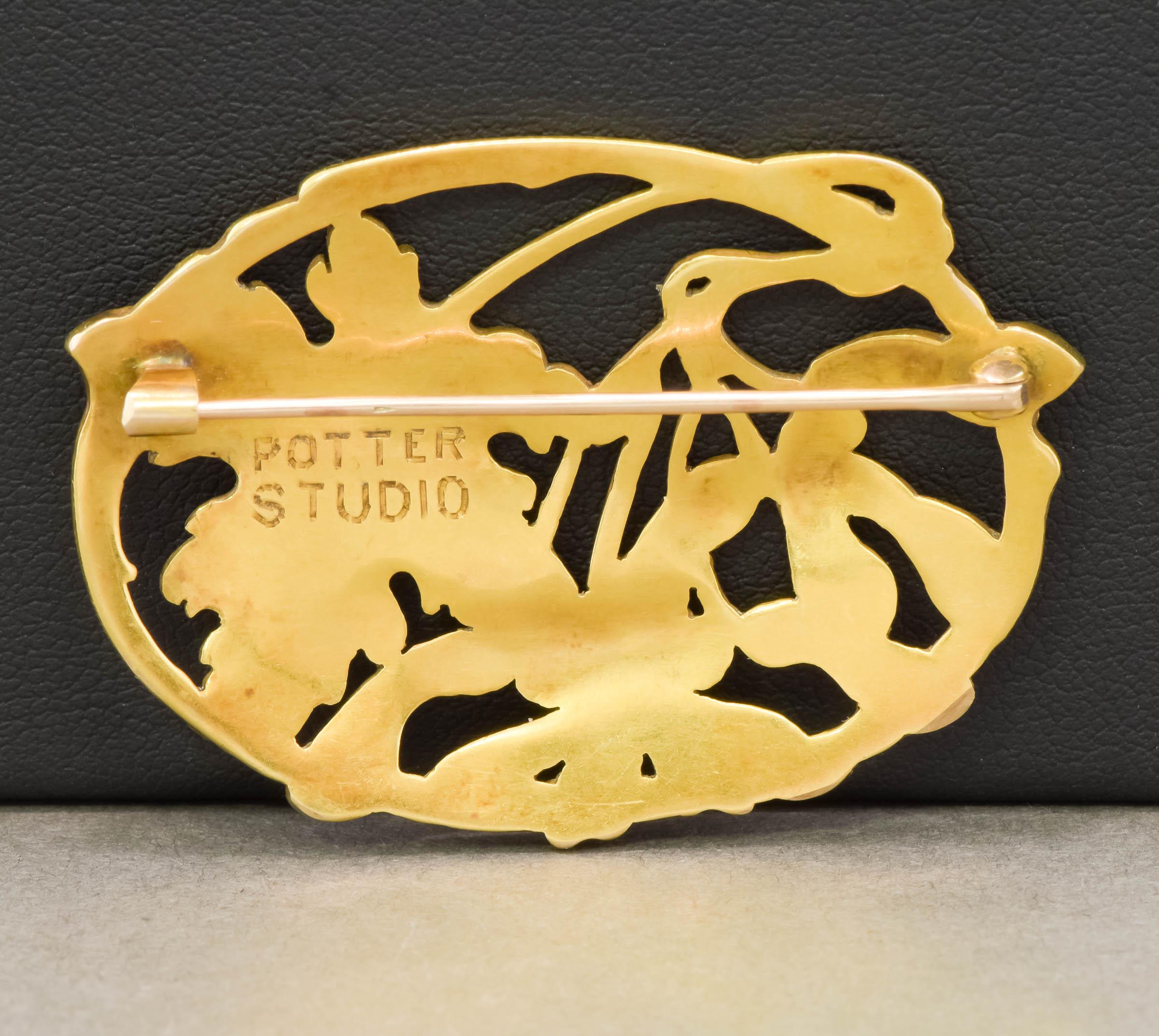 Arts and Crafts Antique Arts & Crafts 18K Gold Brooch by Potter Studio - Large Foliate Design