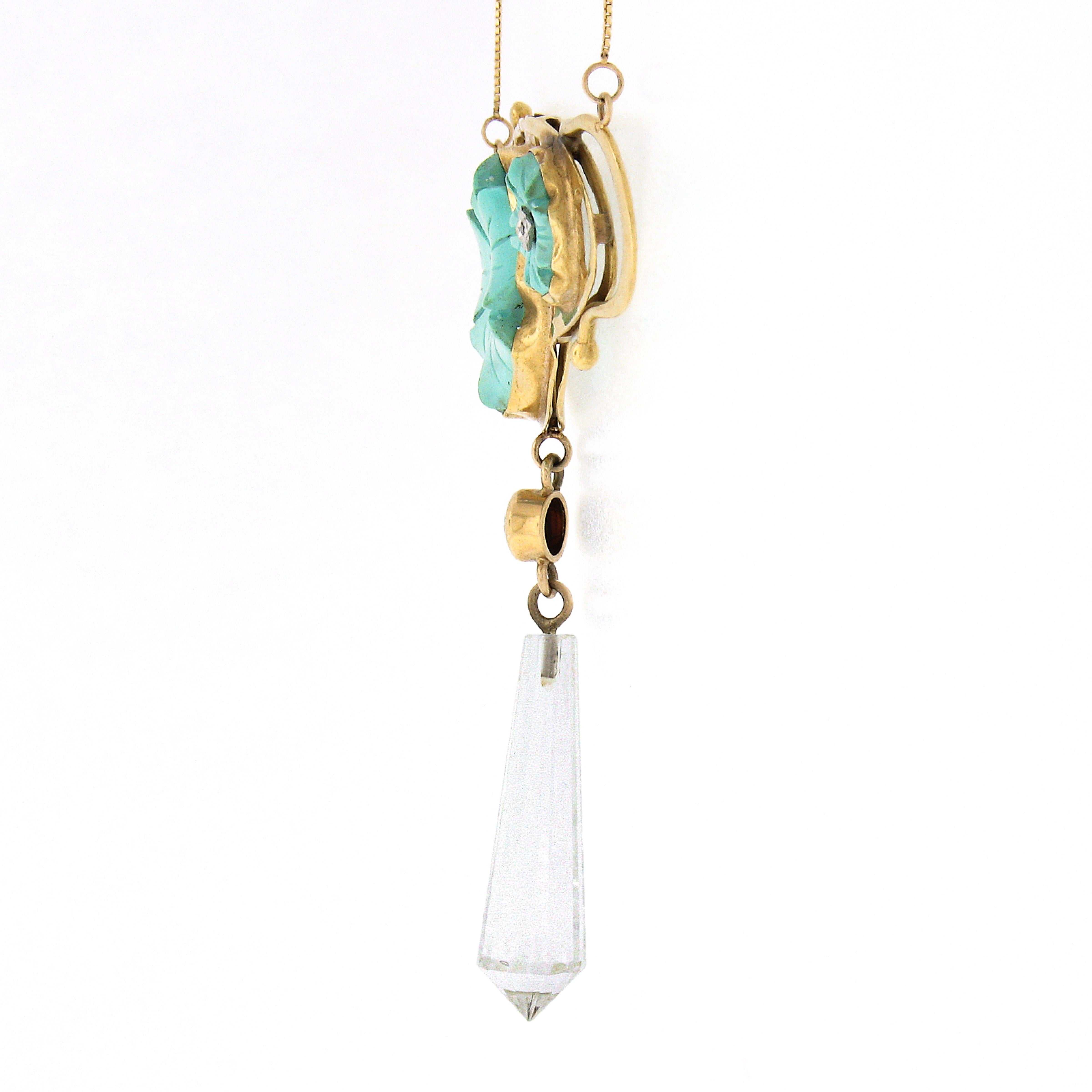 Old European Cut Antique Arts & Crafts 18K Gold Flower Carved Turquoise Crystal Dangle Necklace For Sale