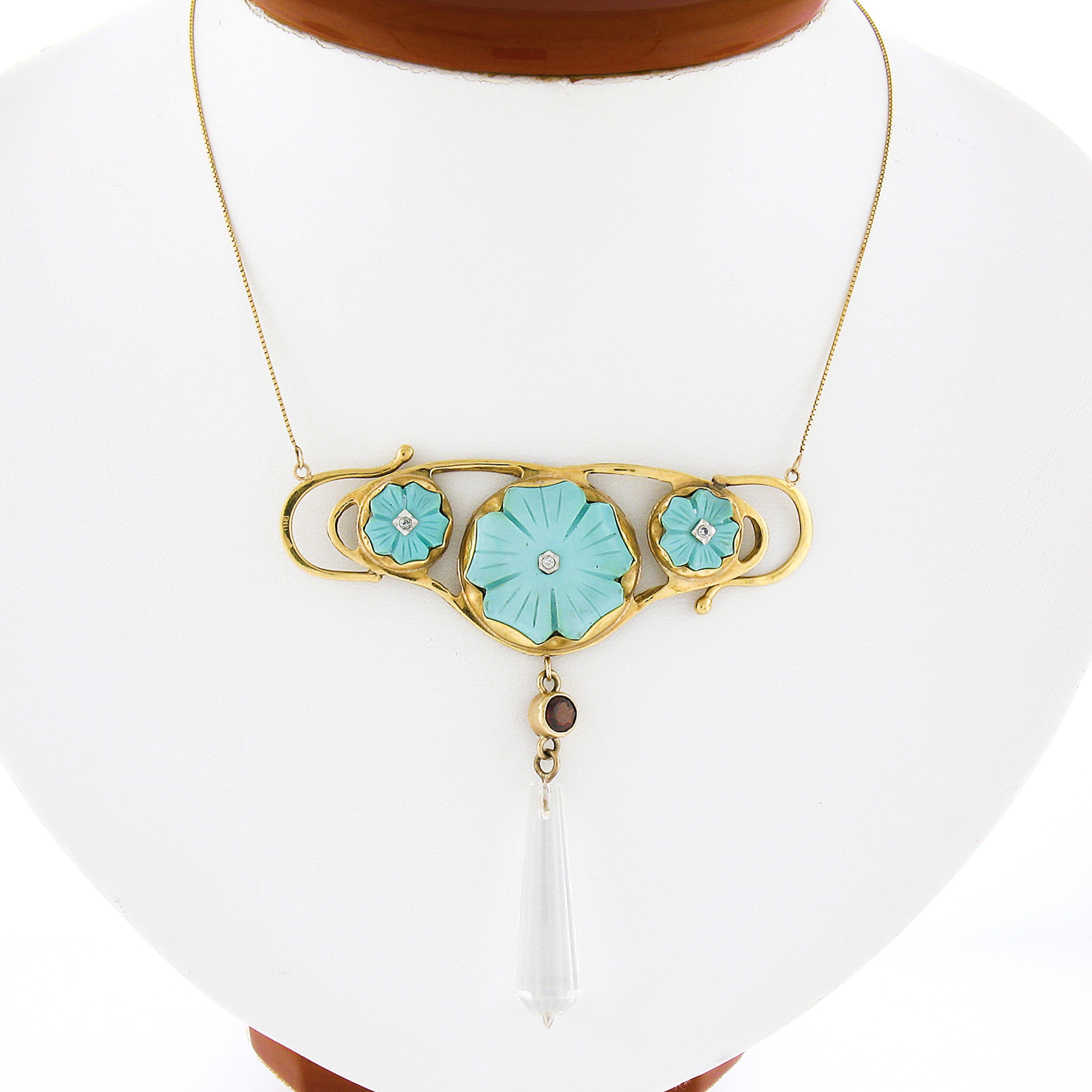 Antique Arts & Crafts 18K Gold Flower Carved Turquoise Crystal Dangle Necklace For Sale 1