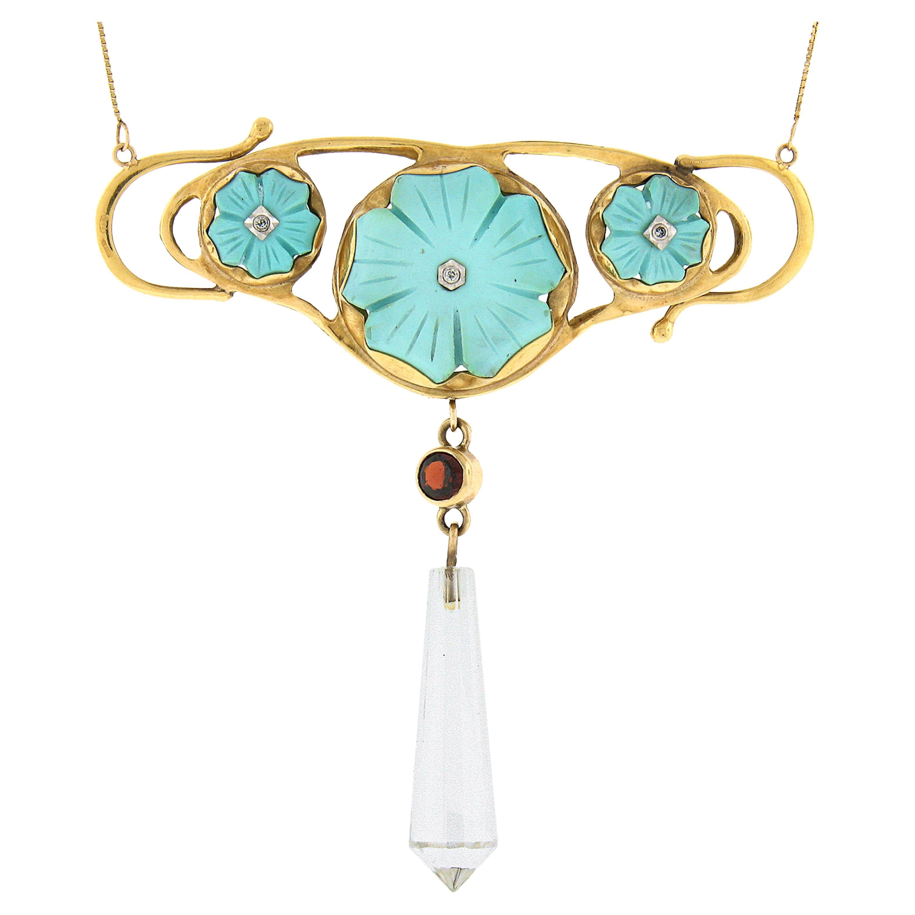 Antique Arts & Crafts 18K Gold Flower Carved Turquoise Crystal Dangle Necklace For Sale