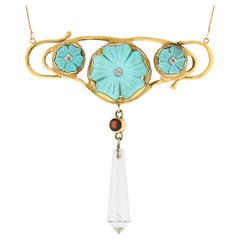 Antique Arts & Crafts 18K Gold Flower Carved Turquoise Crystal Dangle Necklace
