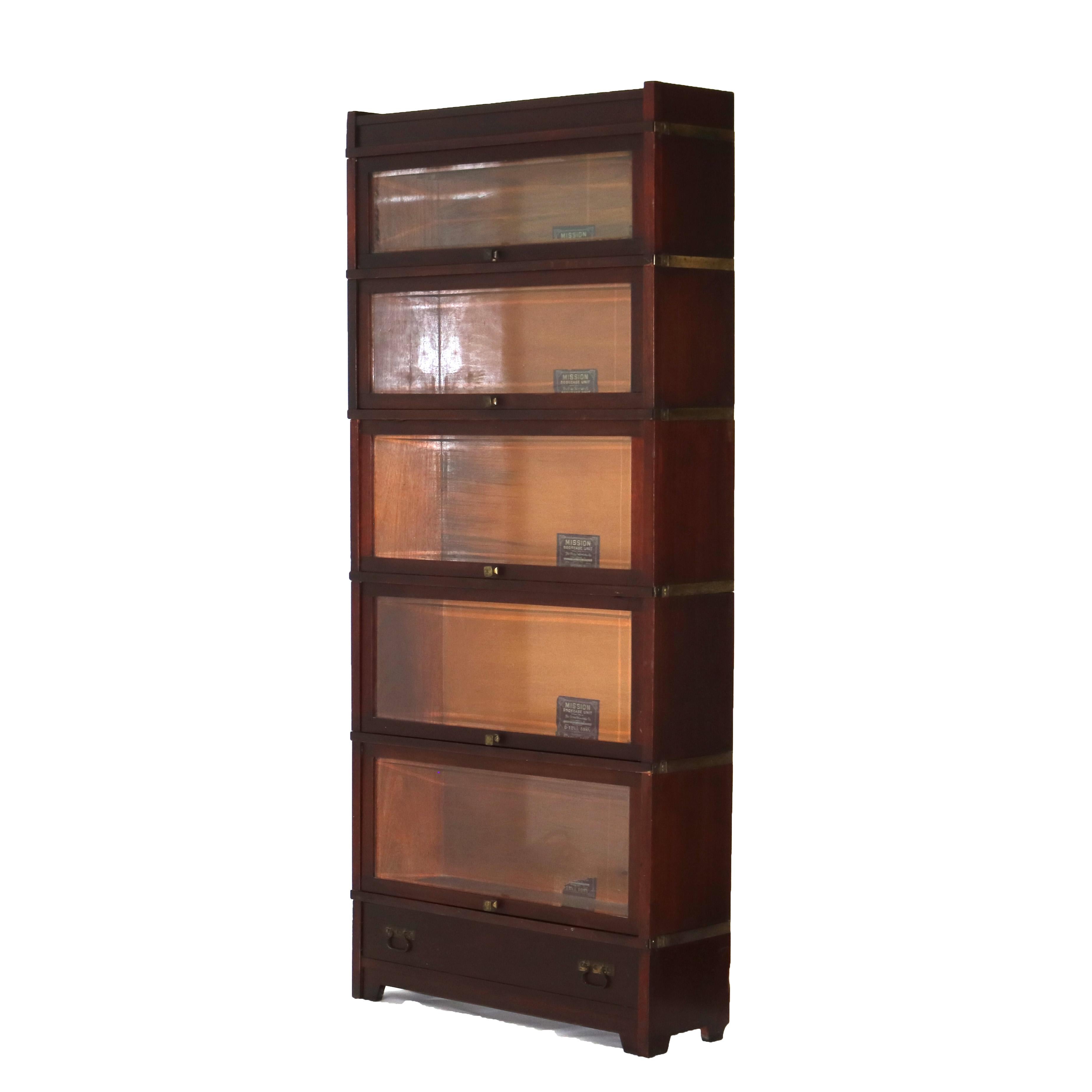 Antique Arts & Crafts 5-Stack Mahogany Globe Wernicke Mission Barrister Bookcase with Pullout Glass Doors, Lower Drawer and Raised on Straight Legs, c1910

Measures - 79