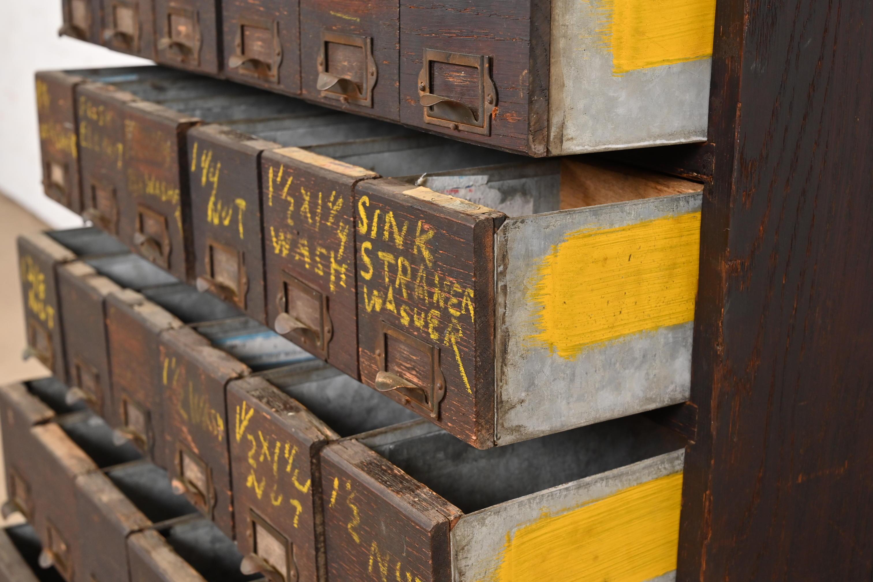 Antique Arts & Crafts 54-Drawer Card File Cabinet or Industrial Parts Cabinet In Good Condition For Sale In South Bend, IN