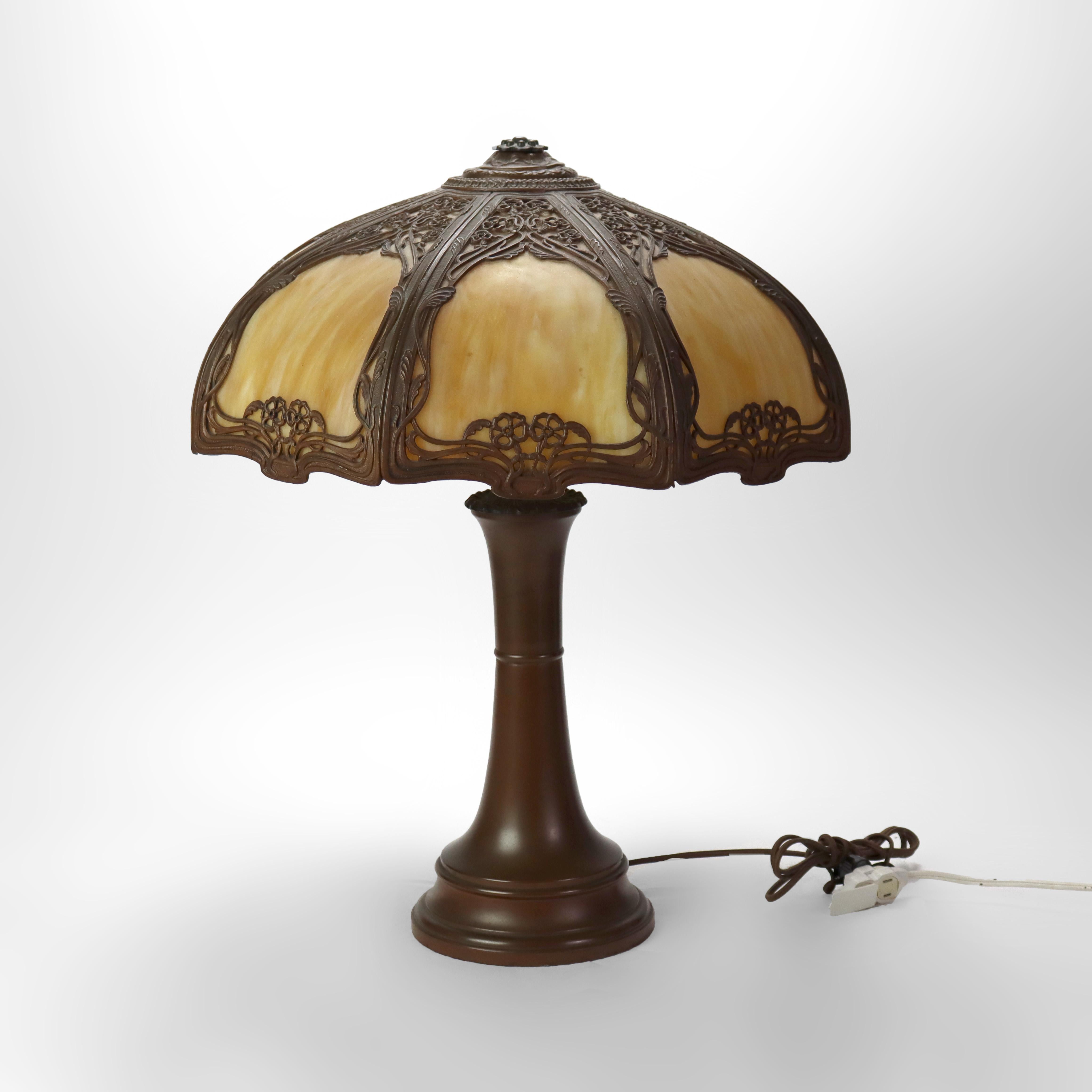 Antique Arts & Crafts 8-Panel Slag Glass Table Lamp C1910 For Sale 5