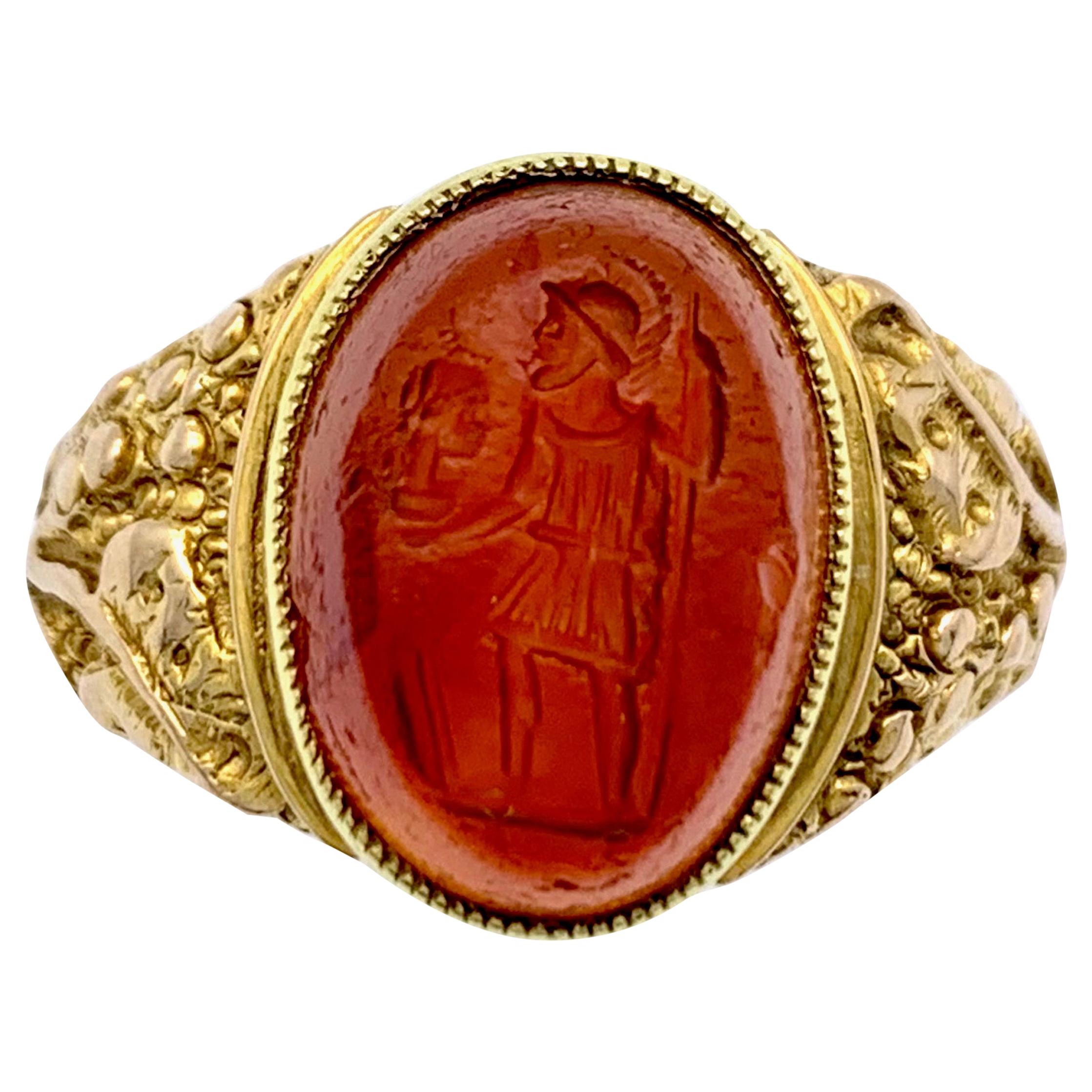 Antique Roman Intaglio in  English Arts & Crafts 9 Karat Gold Setting  For Sale