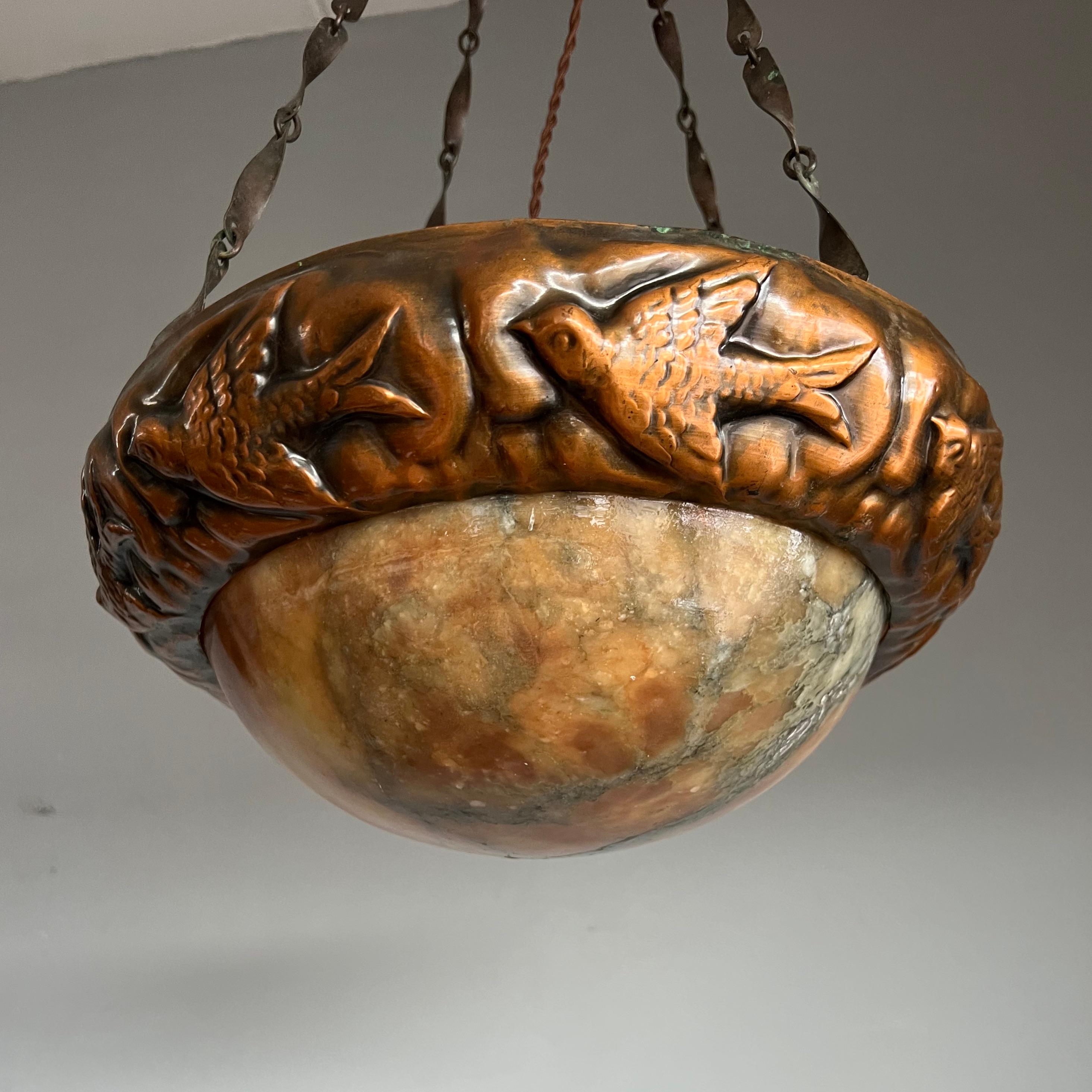 Antique Arts & Crafts Alabaster & Brass w. Swallow Birds Pendant / Light Fixture For Sale 5