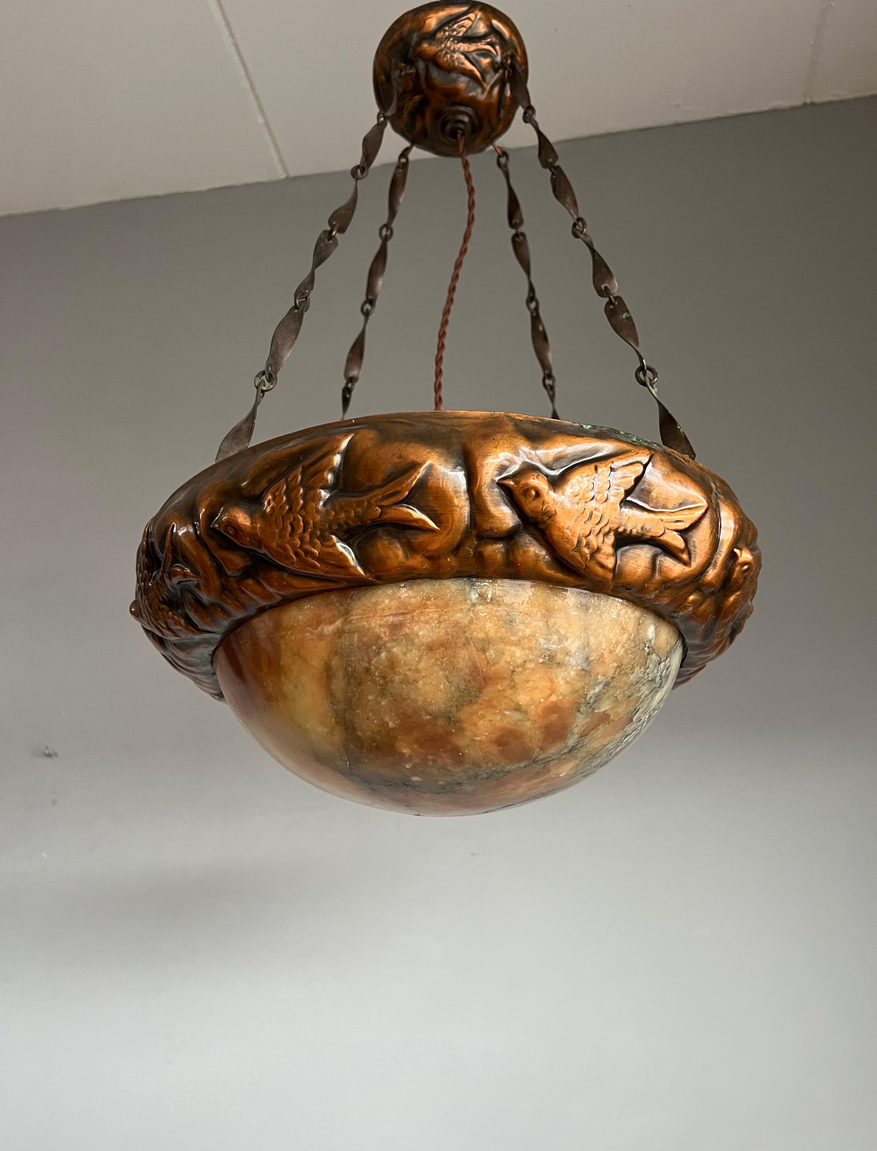 Antique Arts & Crafts Alabaster & Brass w. Swallow Birds Pendant / Light Fixture For Sale 11