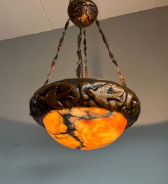 Antique Arts & Crafts Alabaster & Brass w. Swallow Birds Pendant / Light Fixture