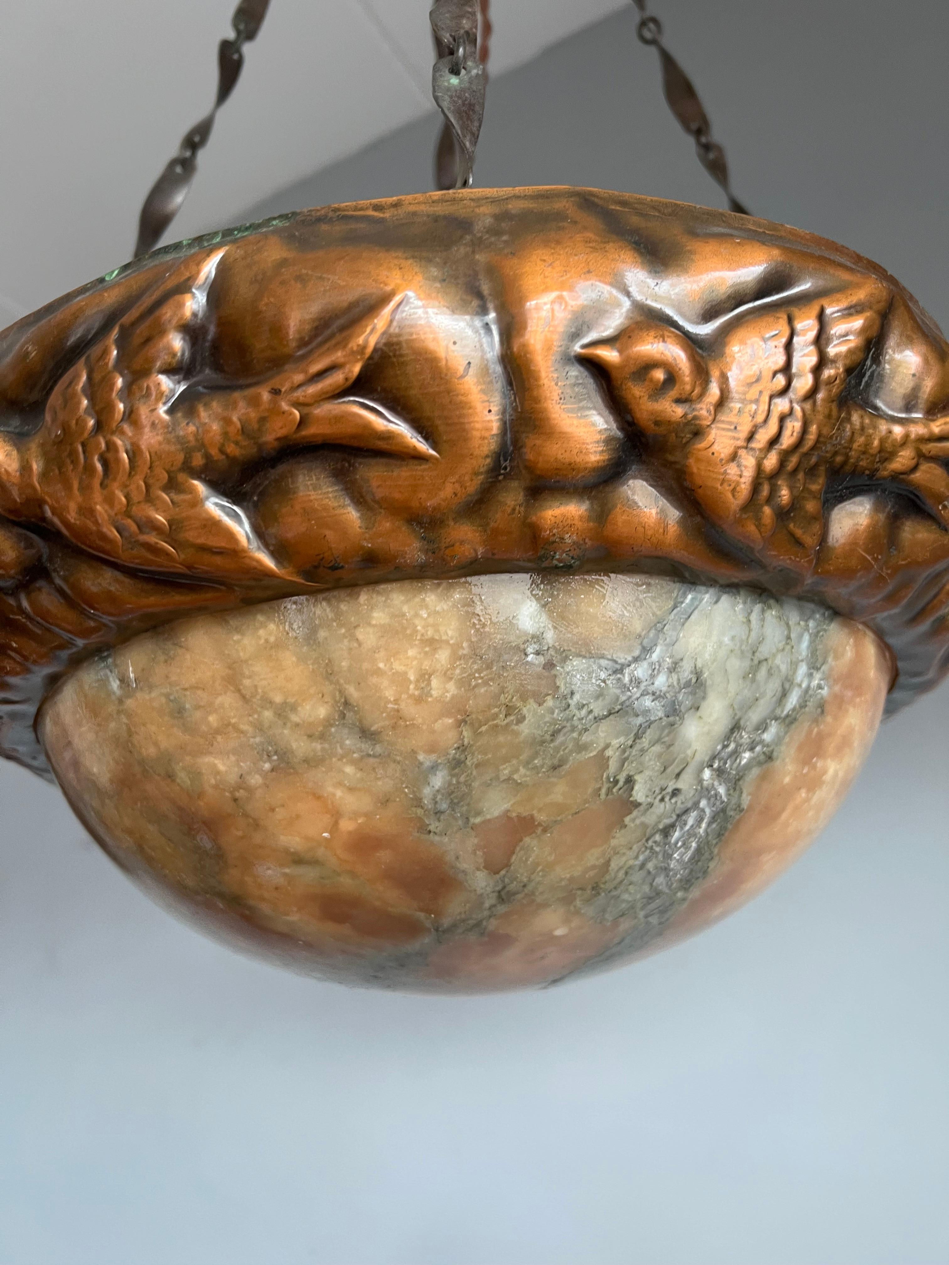Wire Antique Arts & Crafts Alabaster & Brass w. Swallow Birds Pendant / Light Fixture For Sale