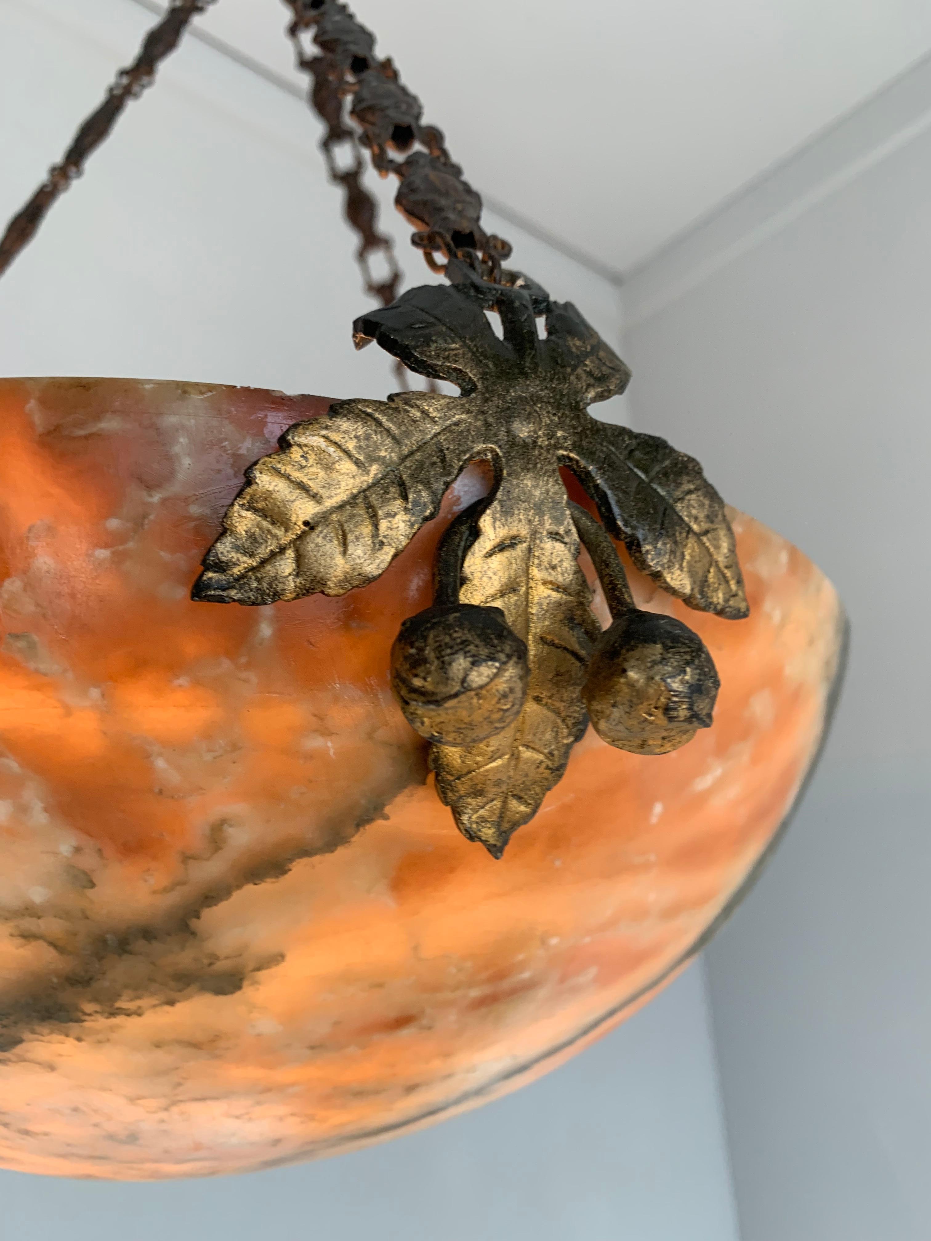 Hand-Carved Antique Arts & Crafts Alabaster & Bronze Chestnut Leaf Pendant / Light Fixture