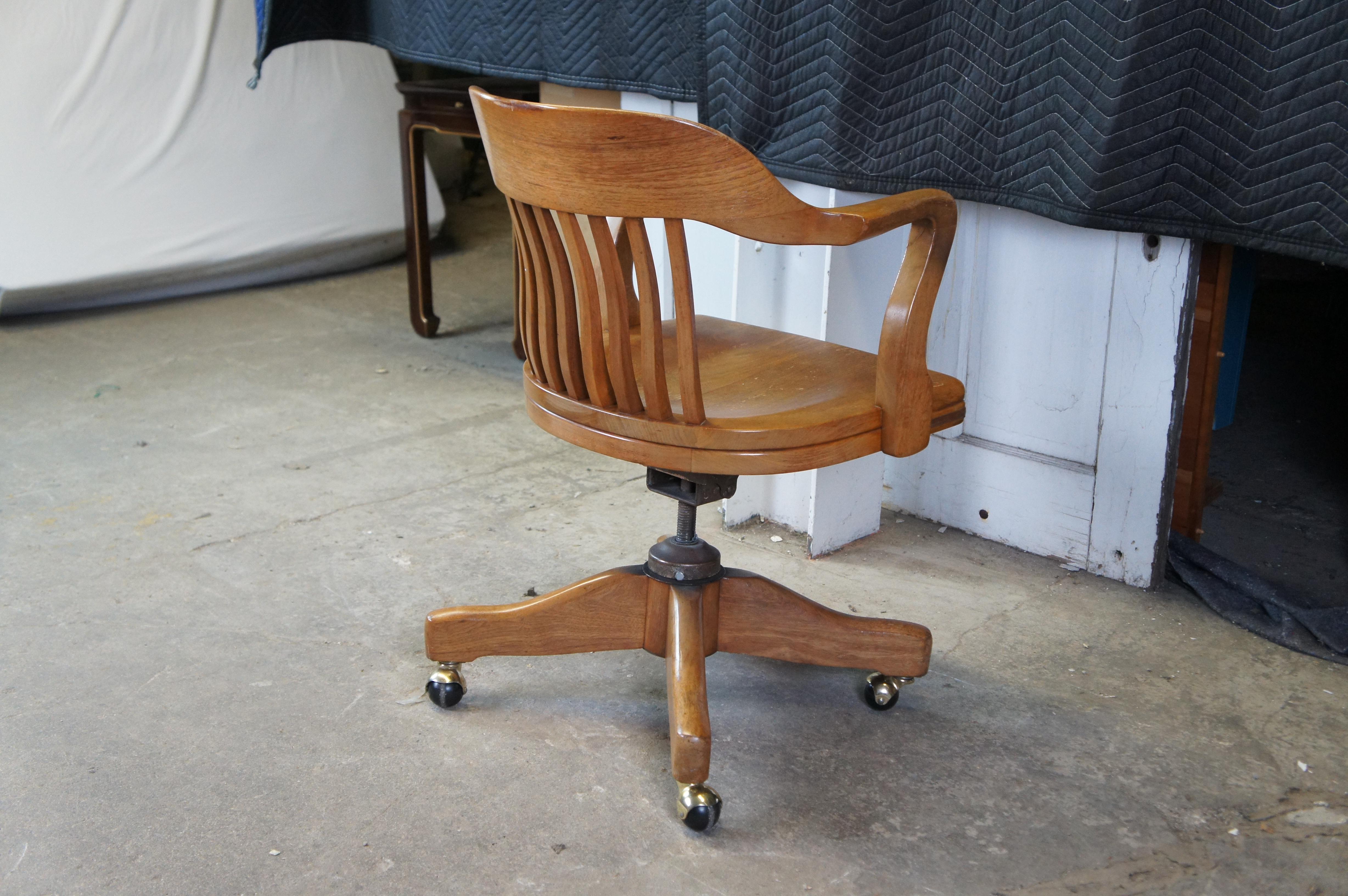 Antique Arts & Crafts American Walnut Bankers Office Swivel Desk Arm Chair Rolls 3