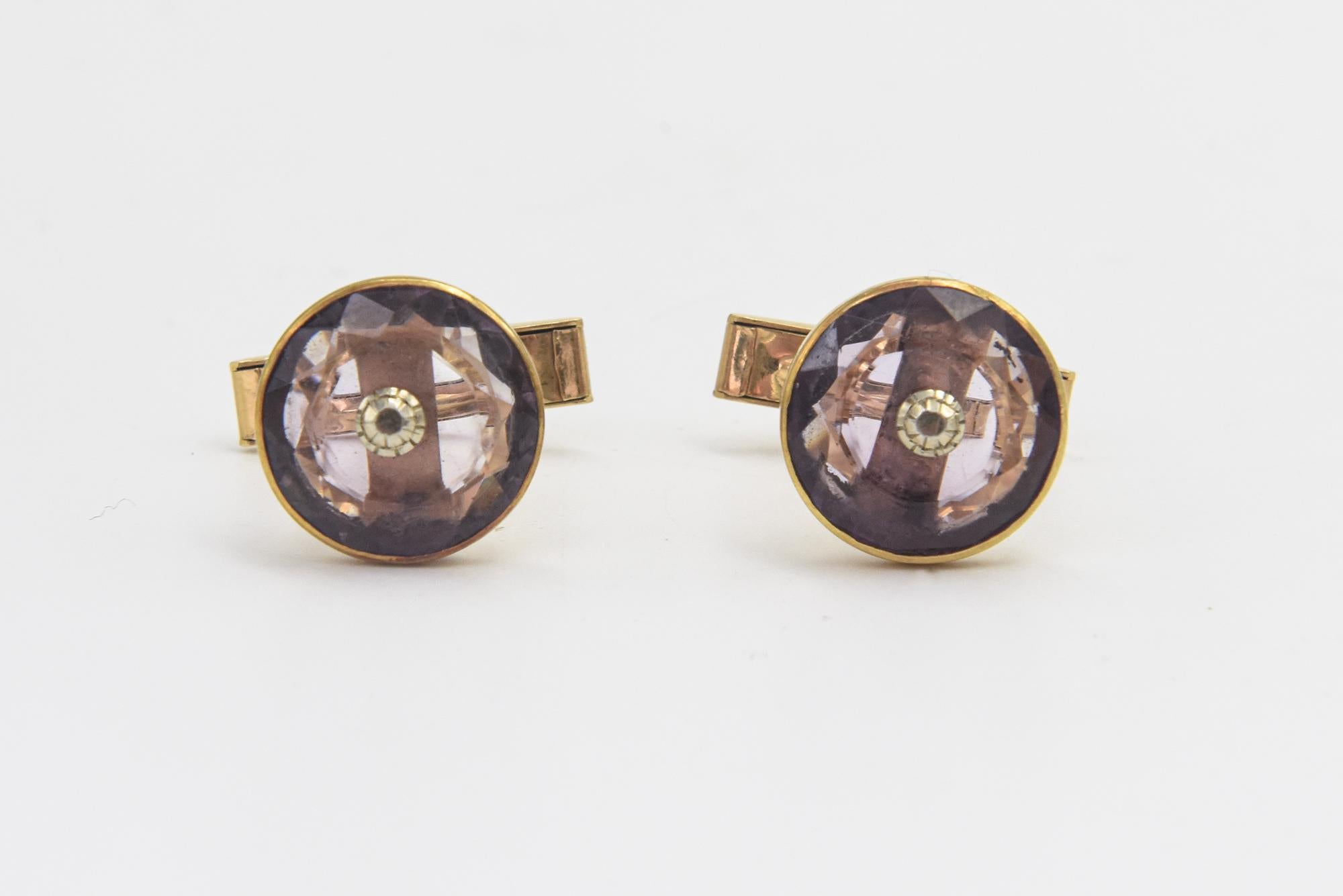 Antique arts and crafts faceted amethyst round 14k yellow gold cufflinks that have a later add 
