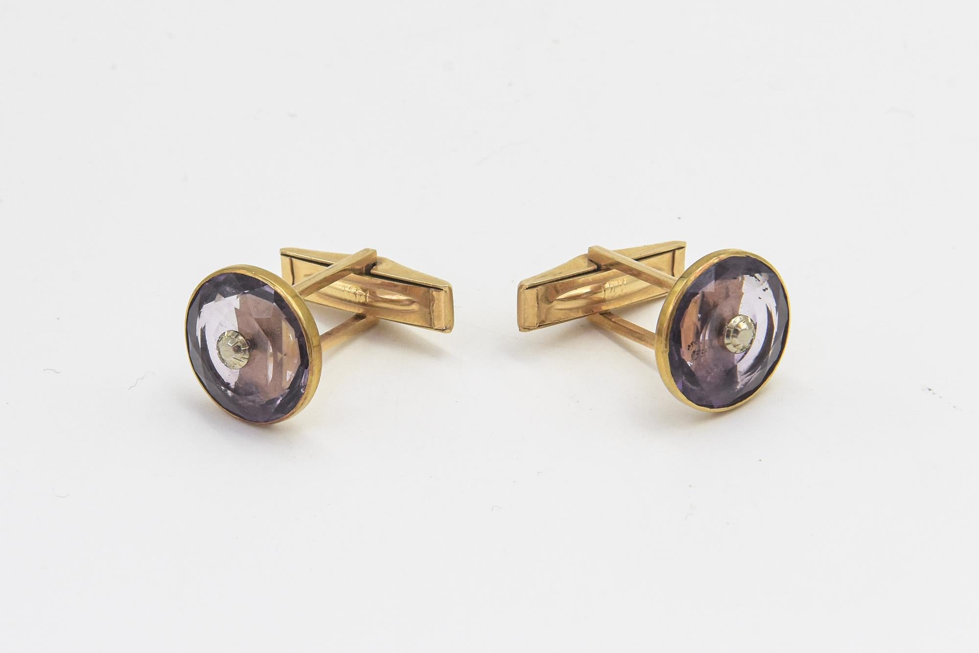 Round Cut Antique Arts & Crafts Amethyst and Gold Cufflinks For Sale