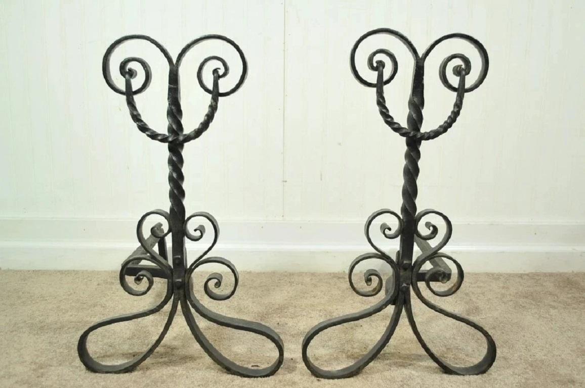 Paire de chenets anciens en fer forgé noir à volutes Arte Antiques & Crafts Art Nouveau en vente 5