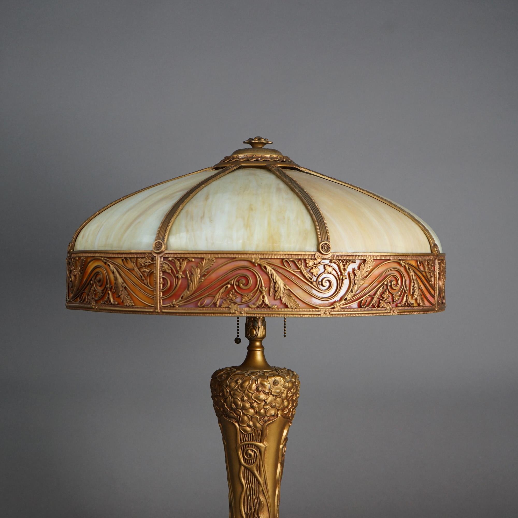 Cast Antique Arts & Crafts (Art Nouveau) Royal Two-Tone Slag Glass Table Lamp C1920